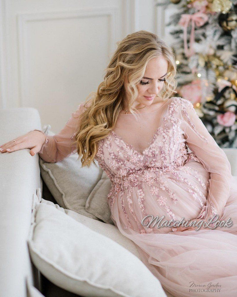 Blush pink pregnancy tulle dress with beaded lace and train Blush pink pregnancy tulle dress with beaded lace and train