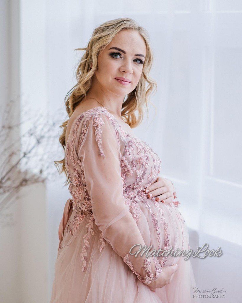Blush pink pregnancy tulle dress with beaded lace and train