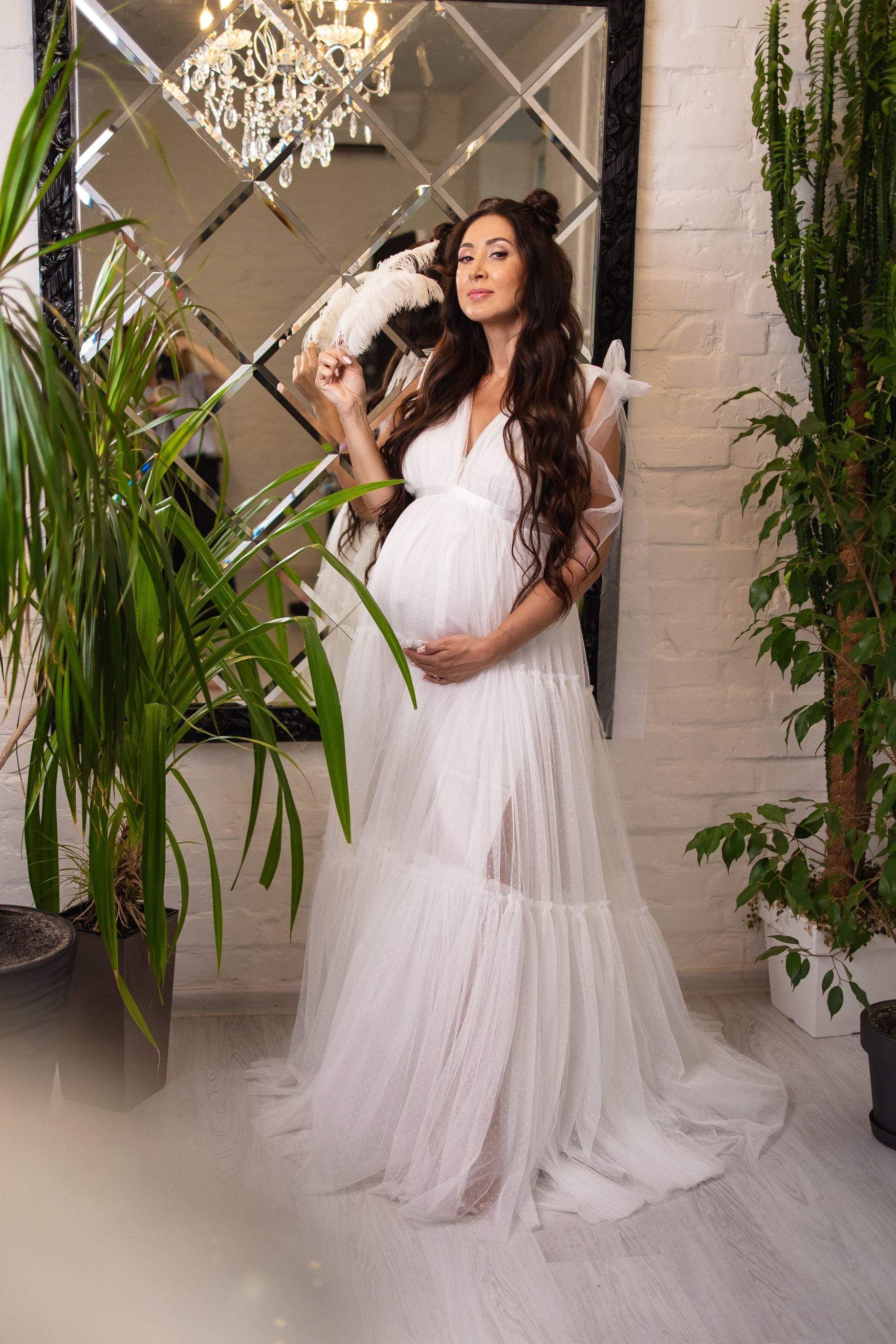 Boho Maternity Dress, White Maternity Photoshoot Dress, Empire Waist B