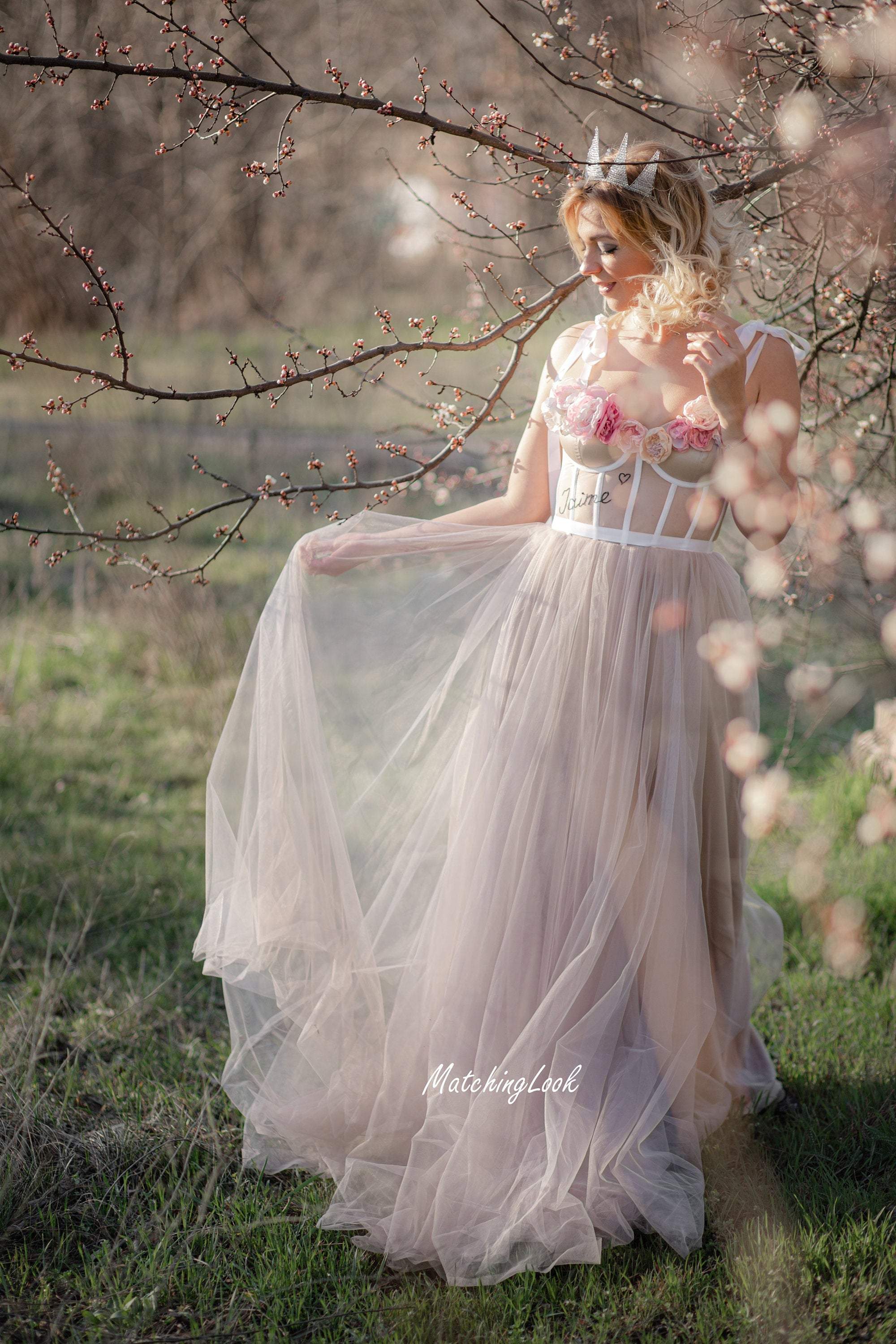 Corset Wedding Dress in Bohemian Style, Sexy Sheer Tulle Wedding Dress