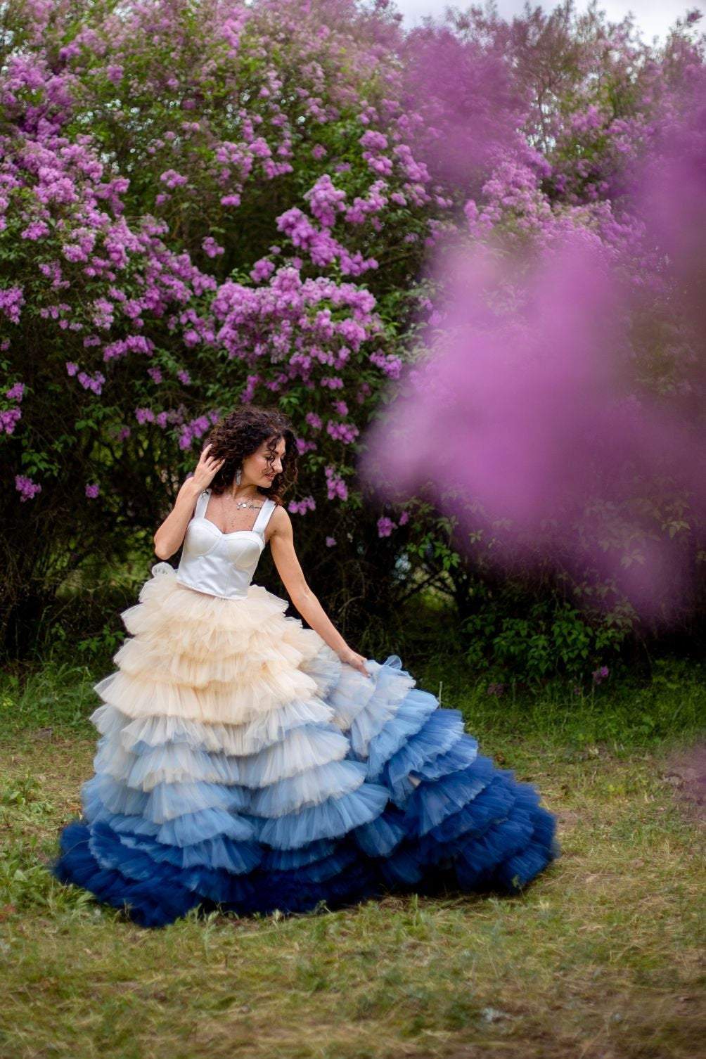 Shop Cream Blue Ombre Dress, Haute Couture Dress, Ombre Wedding Dress, Tiered Tulle Gown, Wedding Separates, Engagement Photoshoot Dress - Shop Cream Blue Ombre Dress, Haute Couture Dress, Ombre Wedding Dress, Tiered Tulle Gown, Wedding Separates, Engagement Photoshoot Dress -