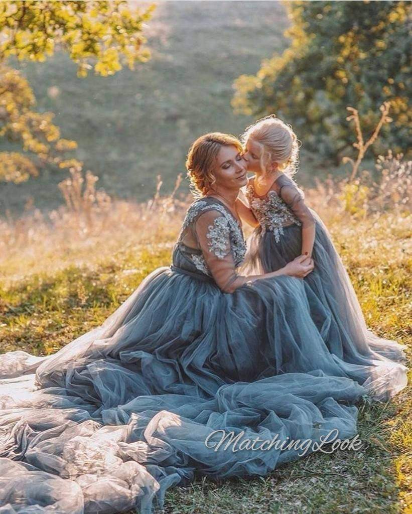 Shop Dark grey/silver tulle mommy and me gowns for photoshoot with