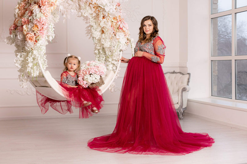 open lace back dress Dark Red Matching Maternity Dress, Tulle Maternity Dress, Matching Maternity Mommy and Me Dress, Photoshoot Dress, Outfit Mother Daughter S Maternity