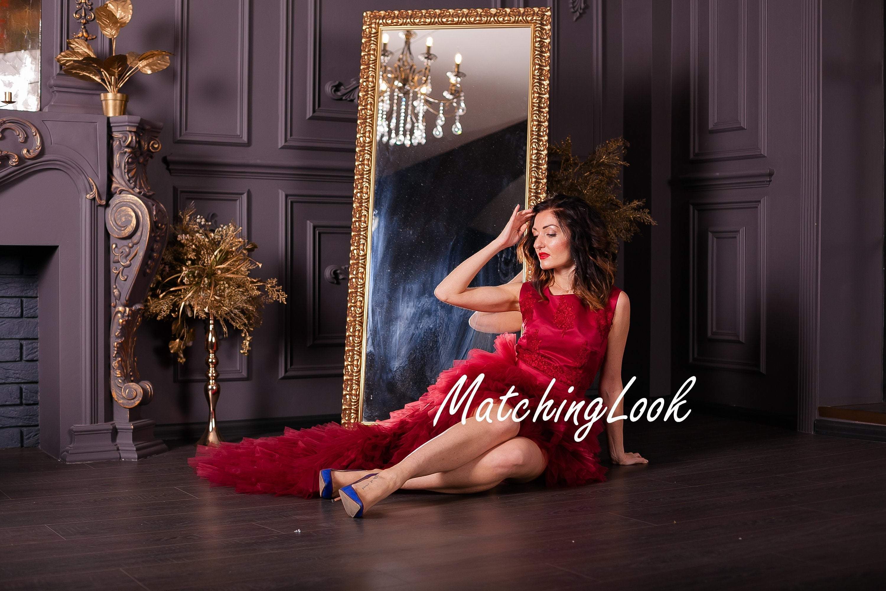 Shop Dark red/burgundy tiered tulle evening dress - hi low Ruffle tulle dress for Christmas party