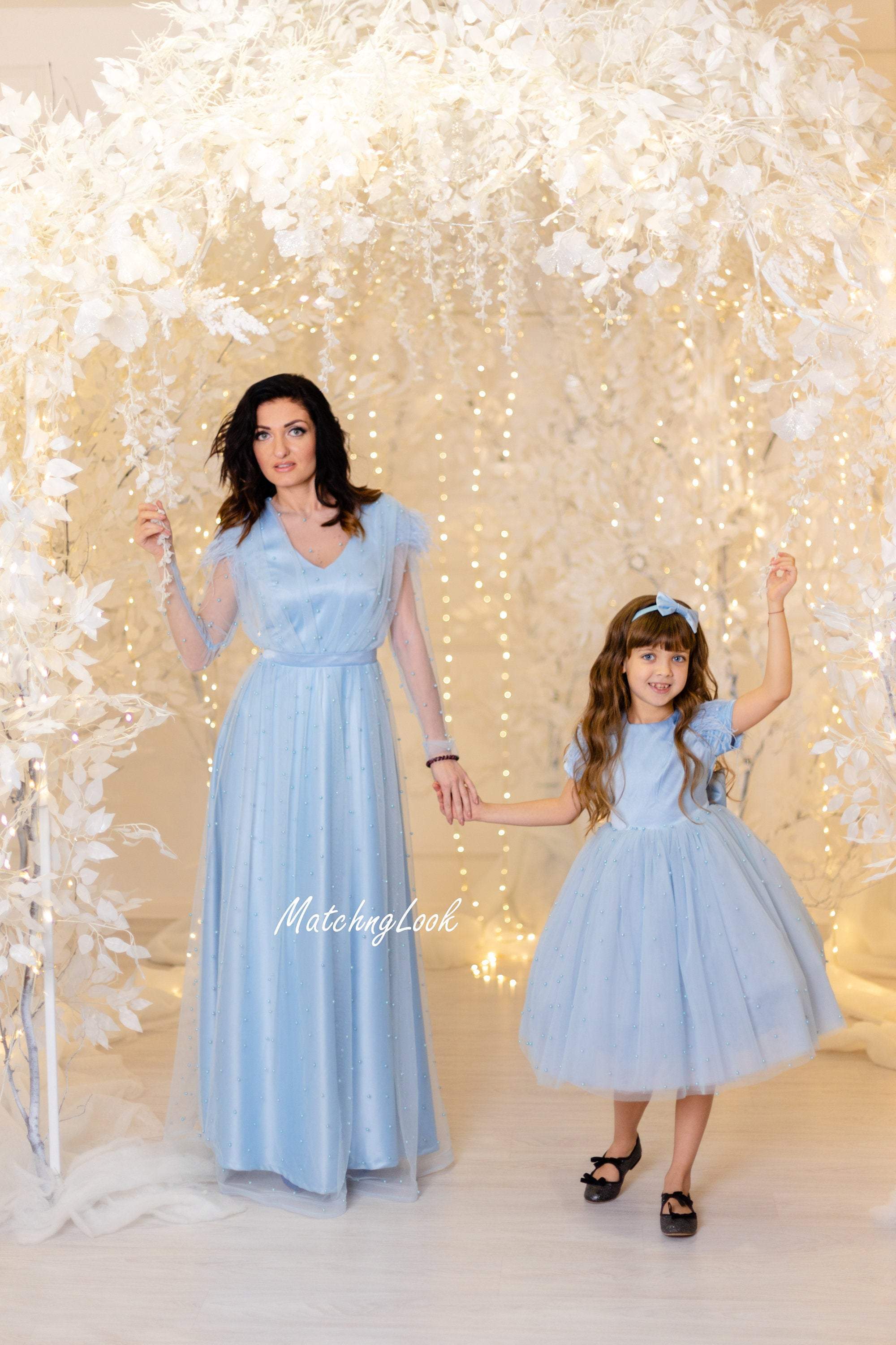 Dusty Blue Elegant Matching Mother Daughter Dress 8 / 2T Dusty Blue Elegant Matching Mother Daughter Dress 8 / 2T