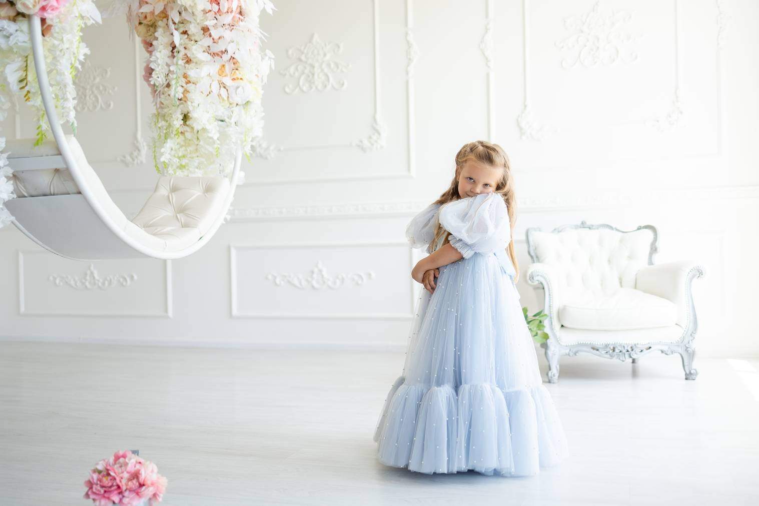 Dusty Blue Girl Dress with Pearls, Tulle Gown Dress, Puff Sleeves Dres