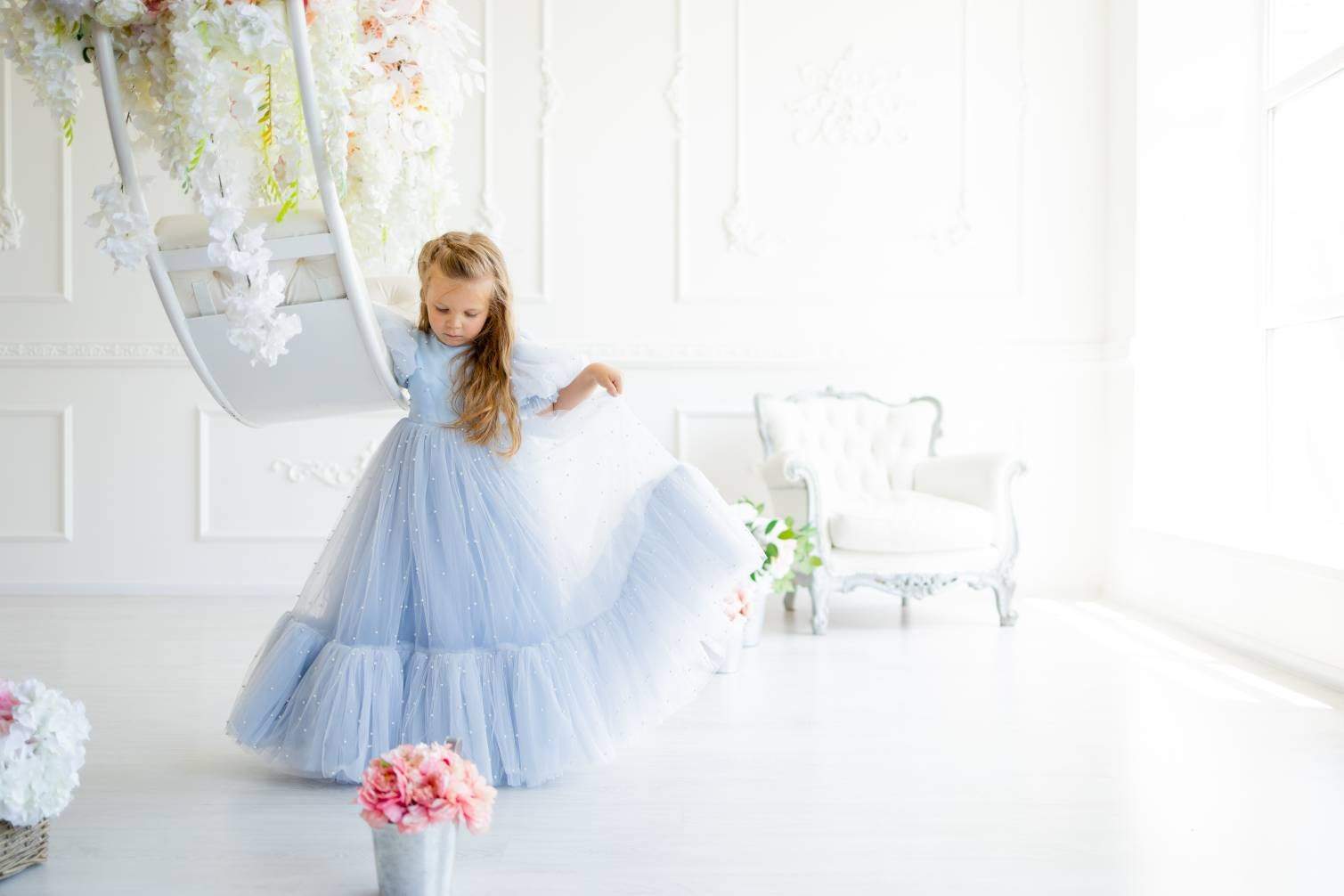 Dusty Blue Girl Dress with Pearls, Tulle Gown Dress, Puff Sleeves Dres