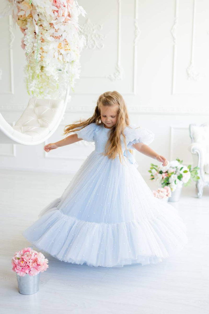 Shop Dusty Blue Girl Dress with Pearls, Tulle Gown Dress, Puff