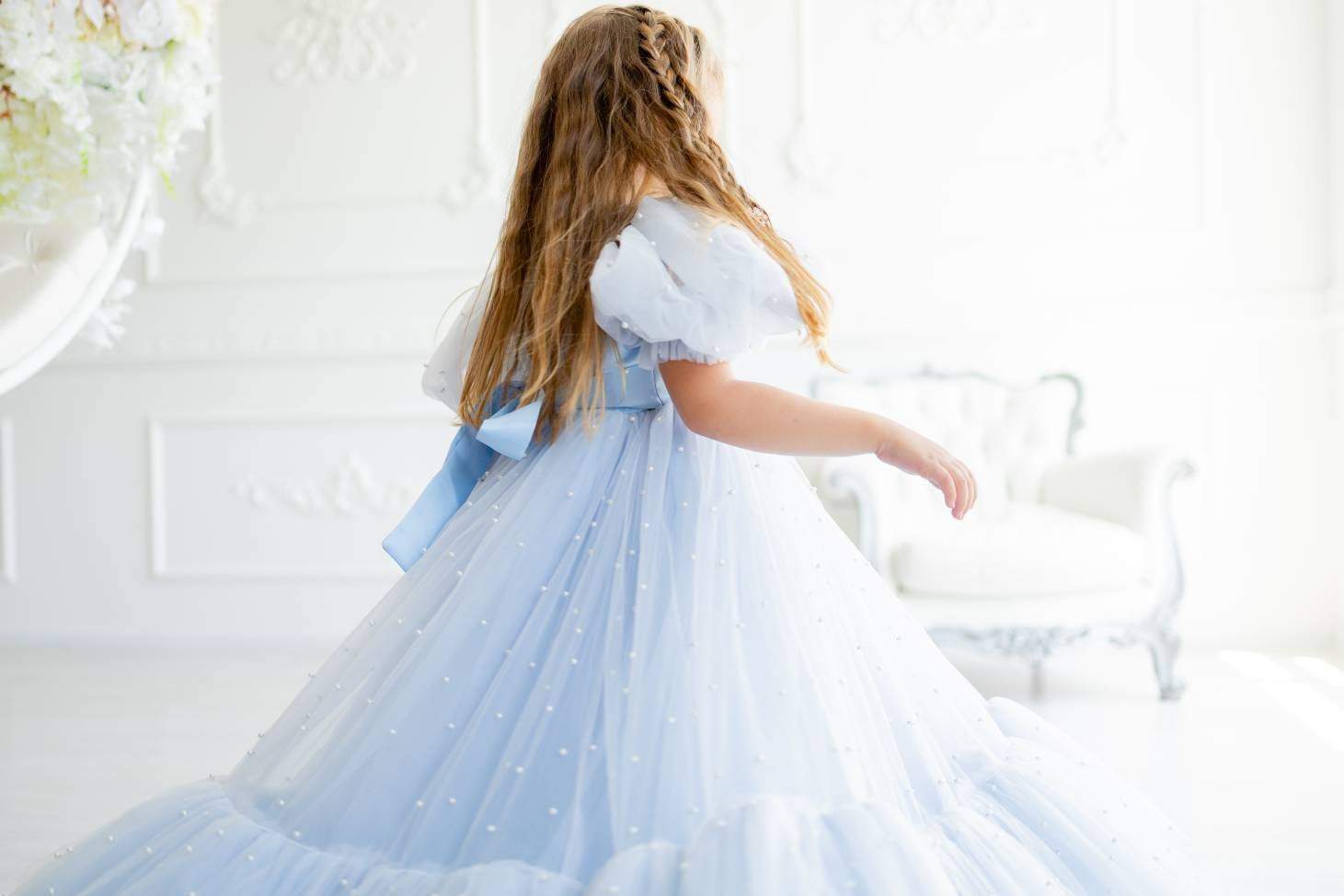 Dusty Blue Girl Dress with Pearls, Tulle Gown Dress, Puff Sleeves Dres