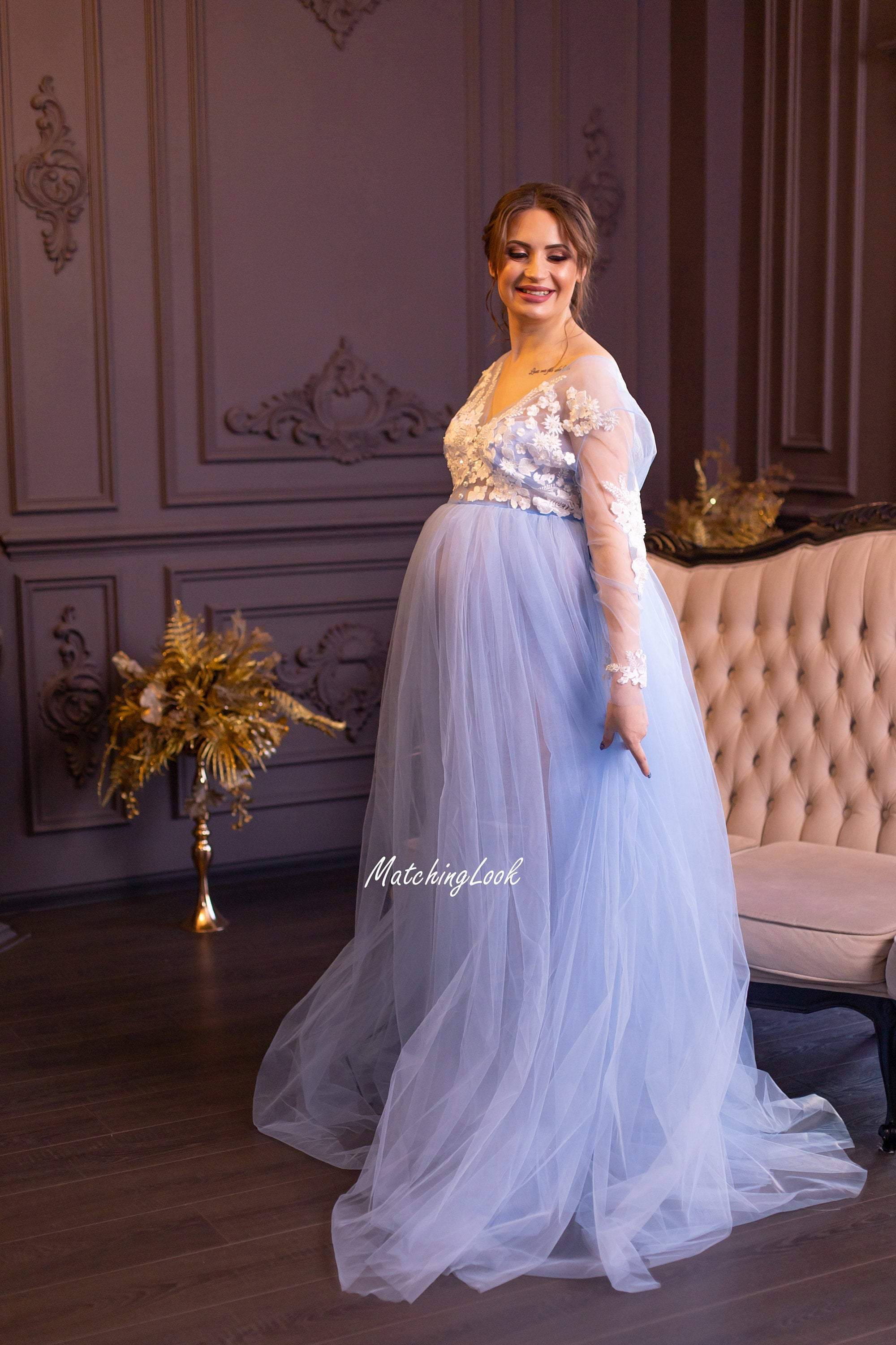 Blue Asymmetric & One sleeve Maternity Gown, Pregnant Guest, Baby Shower –  Chic Bump Club