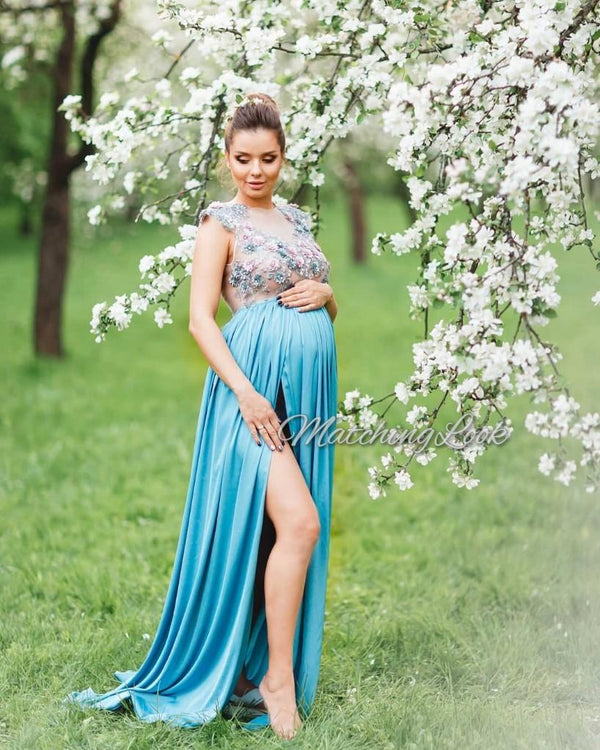 Shop Dusty blue photoshoot maternity lace dress Customizable and