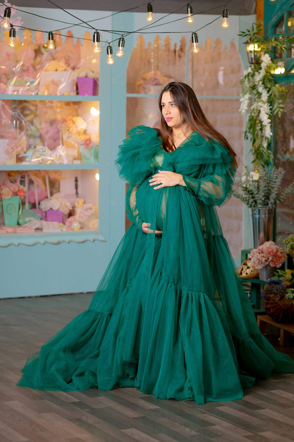 Shop Emerald Green Maternity Tulle Robe for Photoshoot Boudoir