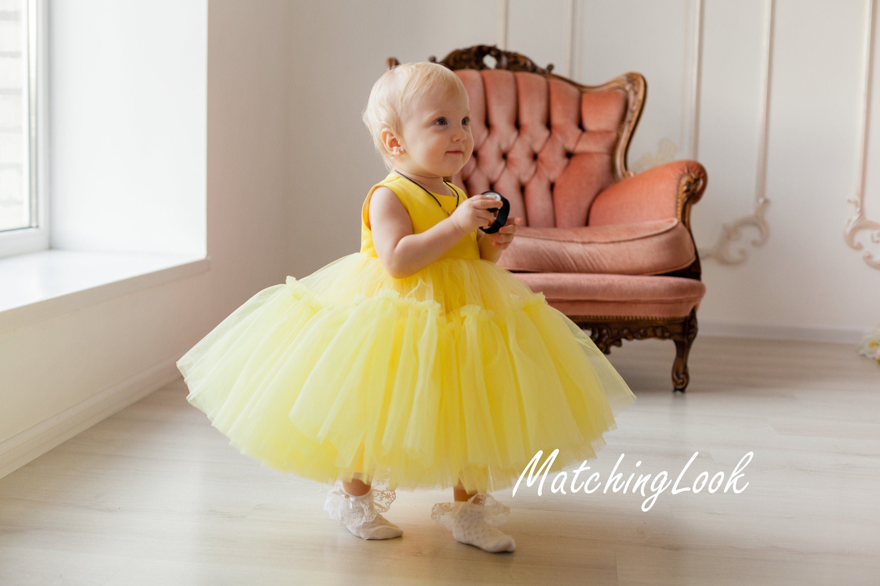 First birthday party tulle tutu dress for baby girl in yellow color
