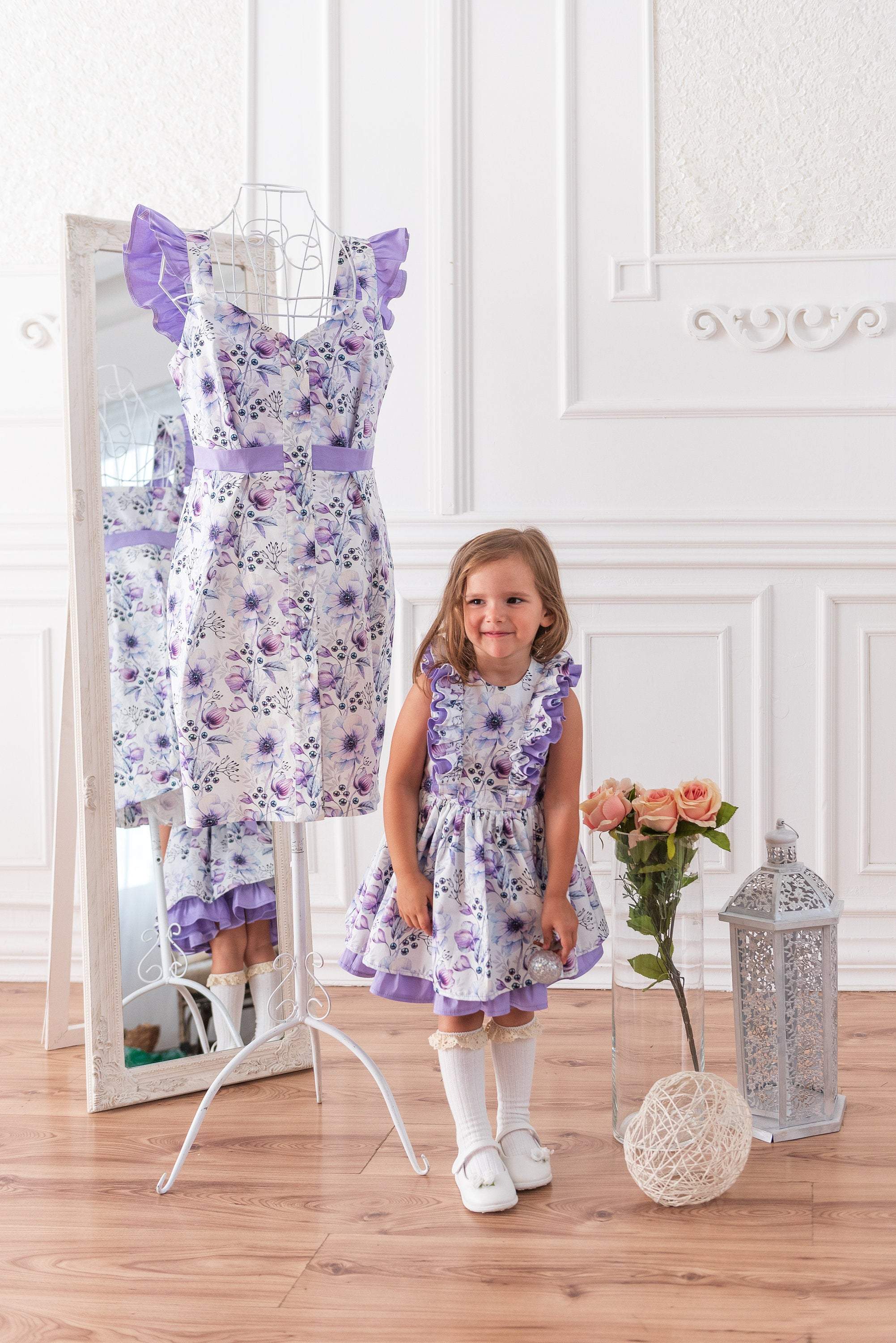 Floral Cotton Dress, Easter Dress, Vintage Style Dress, Girl Purple Dr