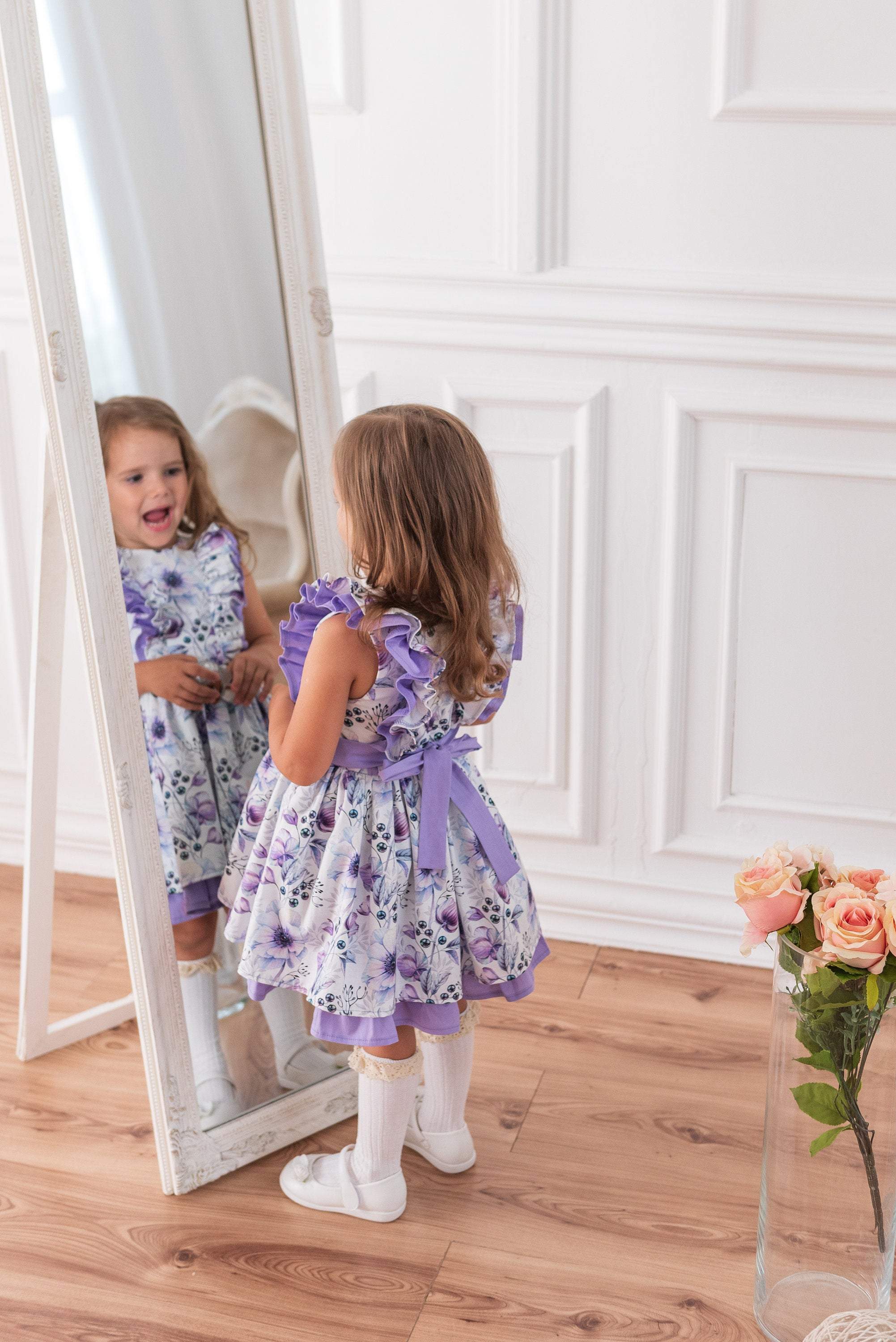 Floral Cotton Dress Easter Dress Vintage Style Dress Girl Purple Dr