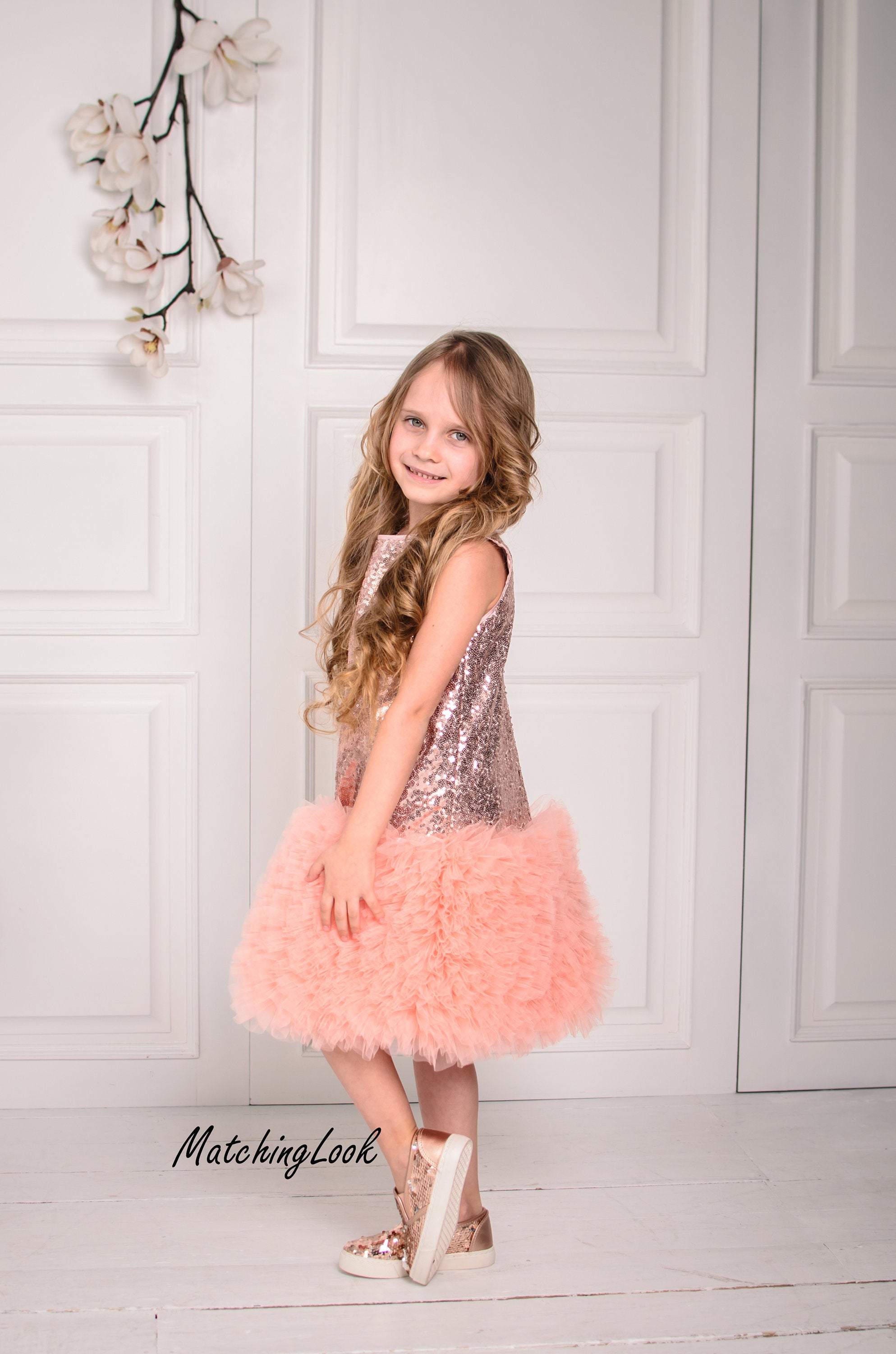 Shop Flower Girl Dress, 1st Birthday Outfit, Rose Gold Sequin