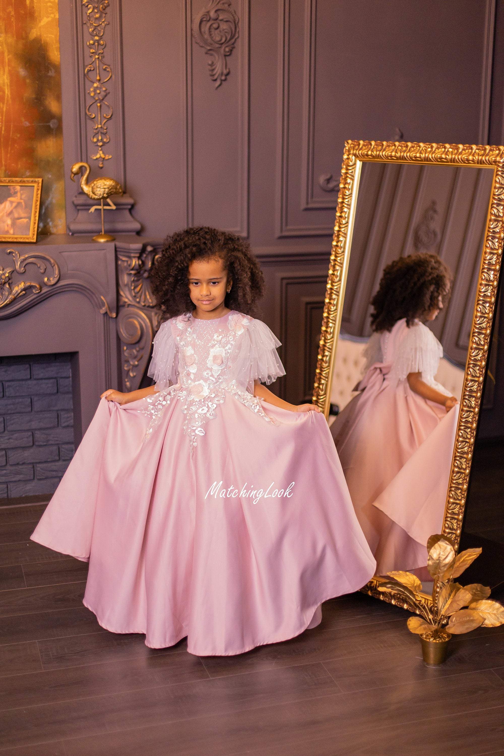 Satin A-Line Flower Girl Gown with Embroidery | David's Bridal