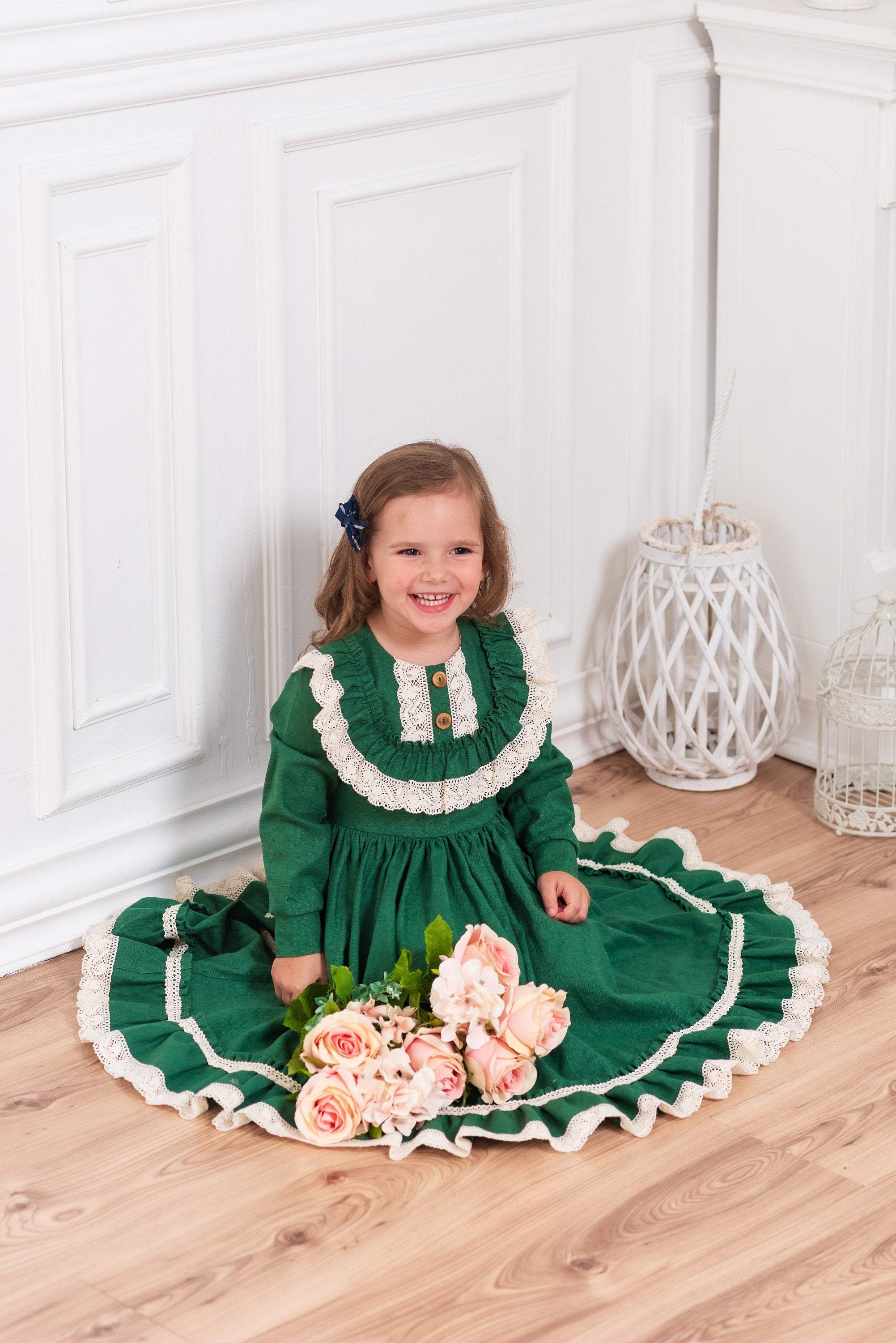 Girl Linen Dress Girl Easter Dress Vintage Style Dress Toddler Ruff