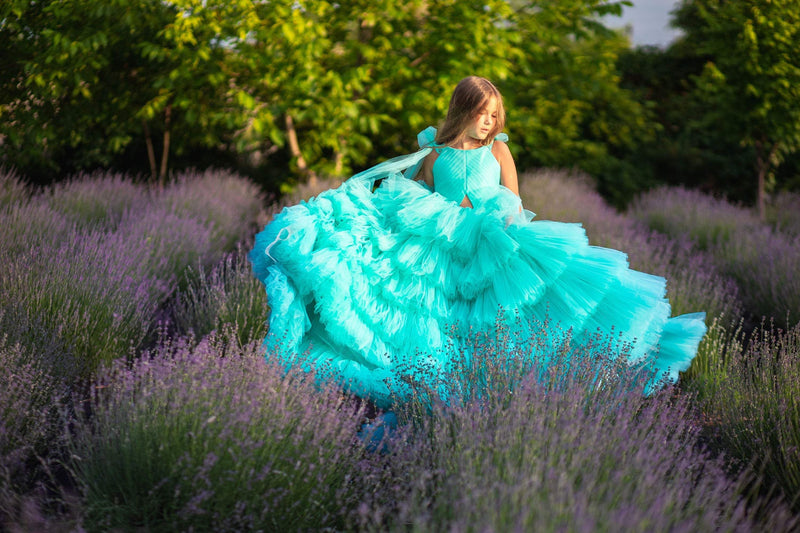 Shop Girl Pageant Dress, Tulle Flower Girl Dress, Teal Tiered Princess, Toddler Birthday Dress, Girl Designer Dress, Haute Couture Dress, Puffy