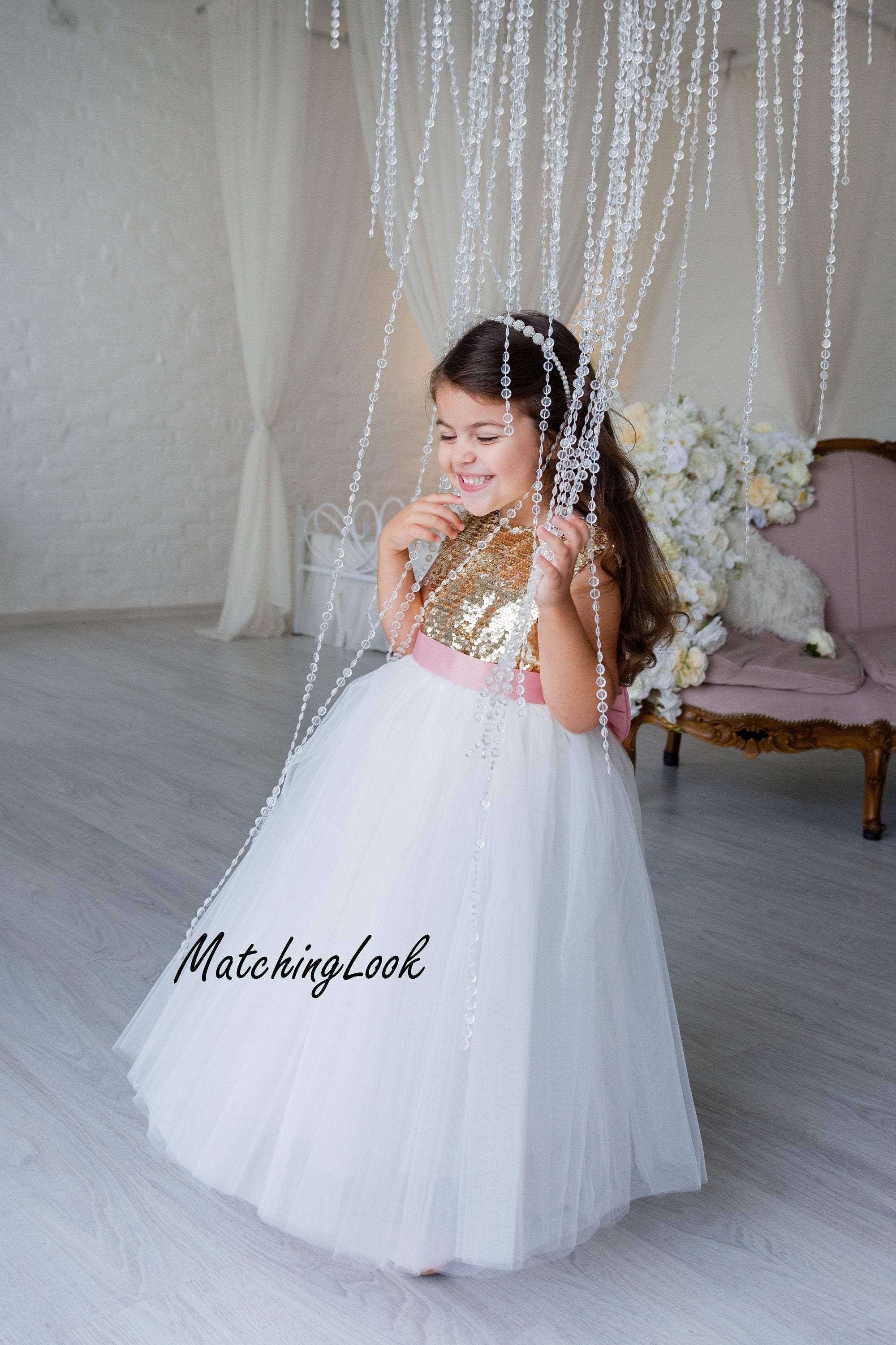 Shop Gold and Ivory Dress Flower Girl Sequin Tutu Dress with Bow