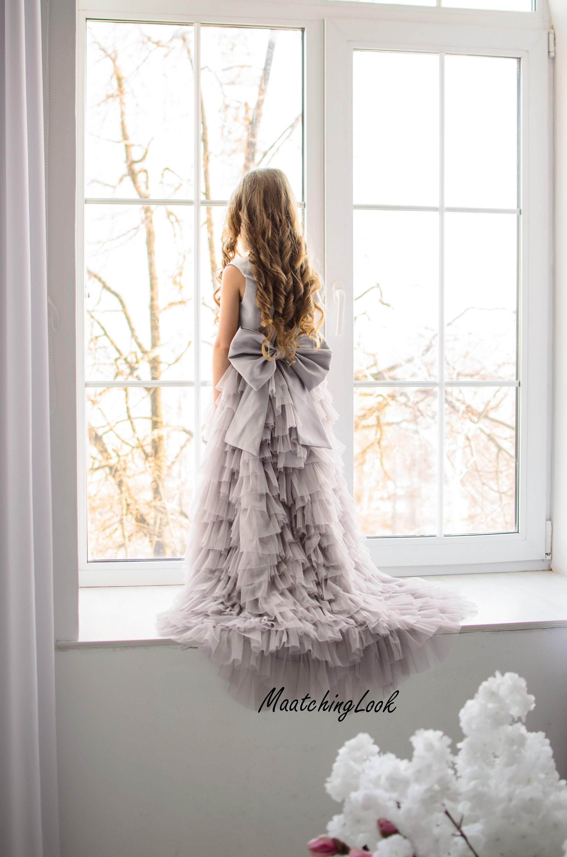 Shop Grey Flower Girl tiered tulle Dress - Customizable and Made-to-Order Dresses Orange / 5 Shop Grey Flower Girl tiered tulle Dress - Customizable and Made-to-Order Dresses Orange / 5