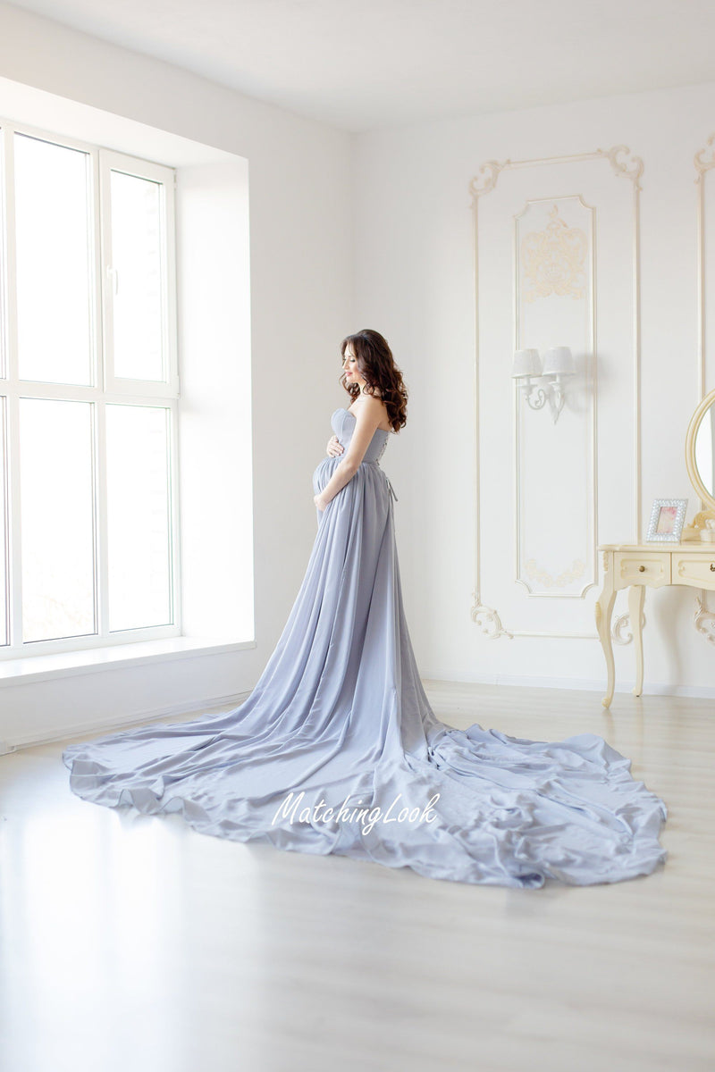 Shop Grey Maternity Chiffon dress for photo shoot - Pregnancy Gown with long train in gray color