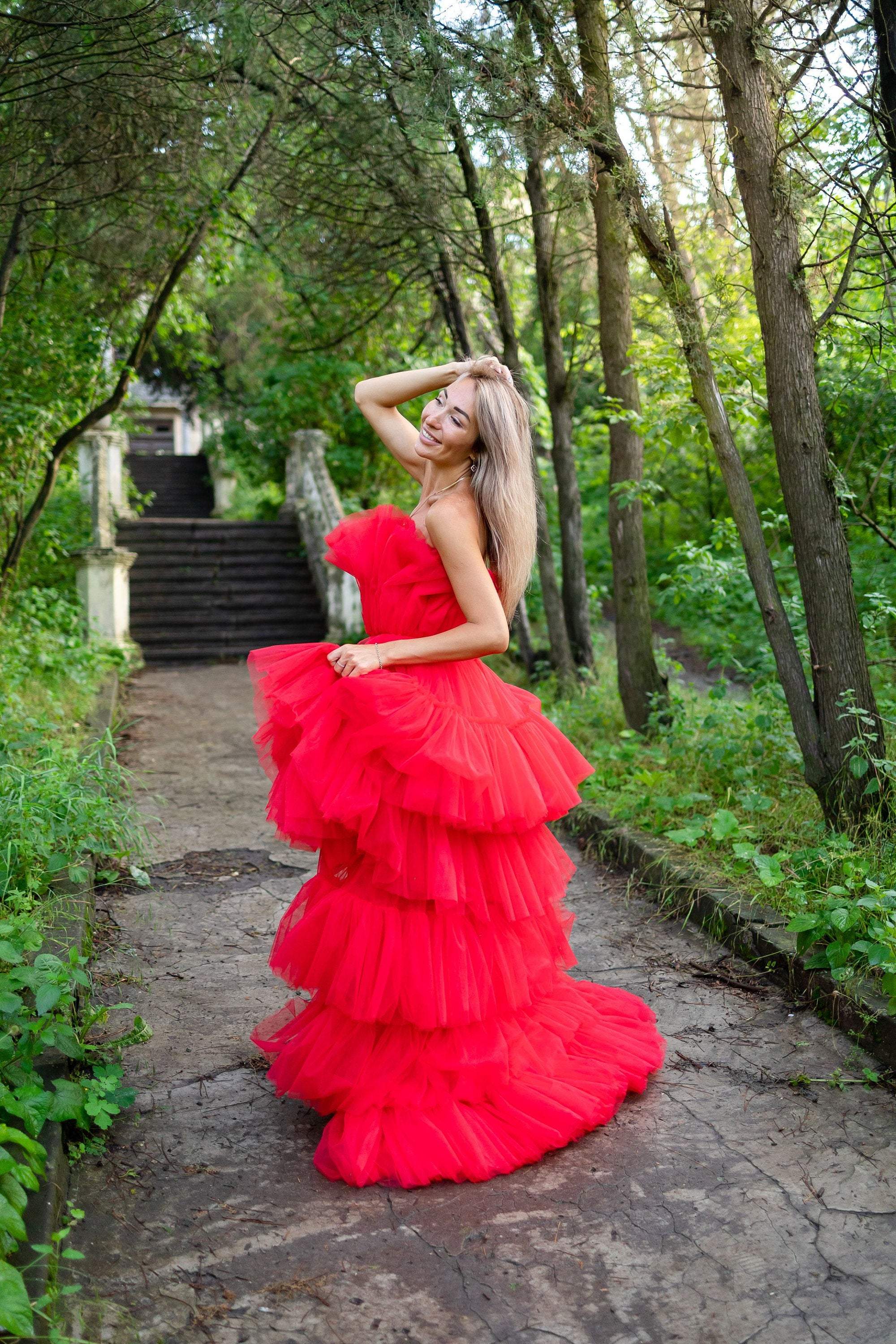 High Low Strapless Red Tulle Long Prom Dresses with Train, Red