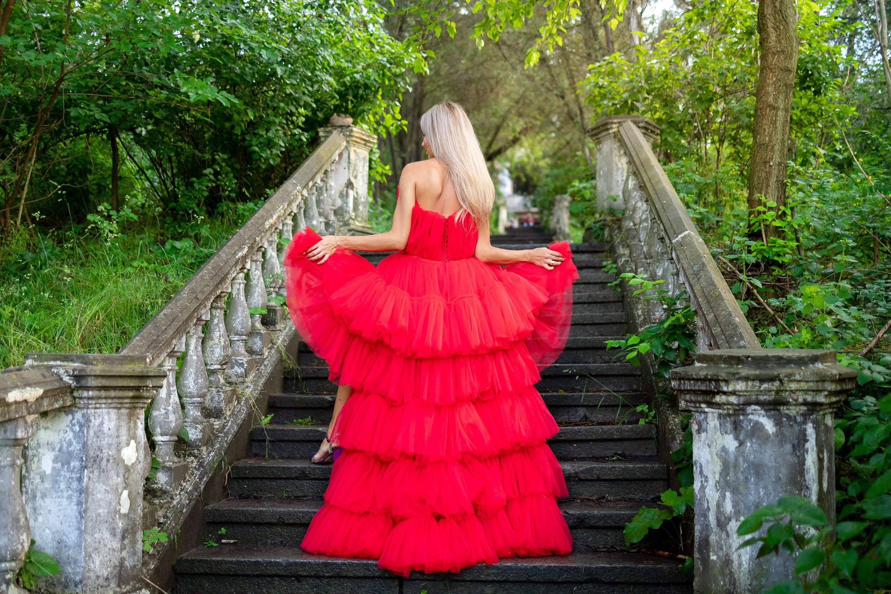 High Low Tutu Tulle Dress, Red Asymmetrical Tiered Dress, Prom Dress,