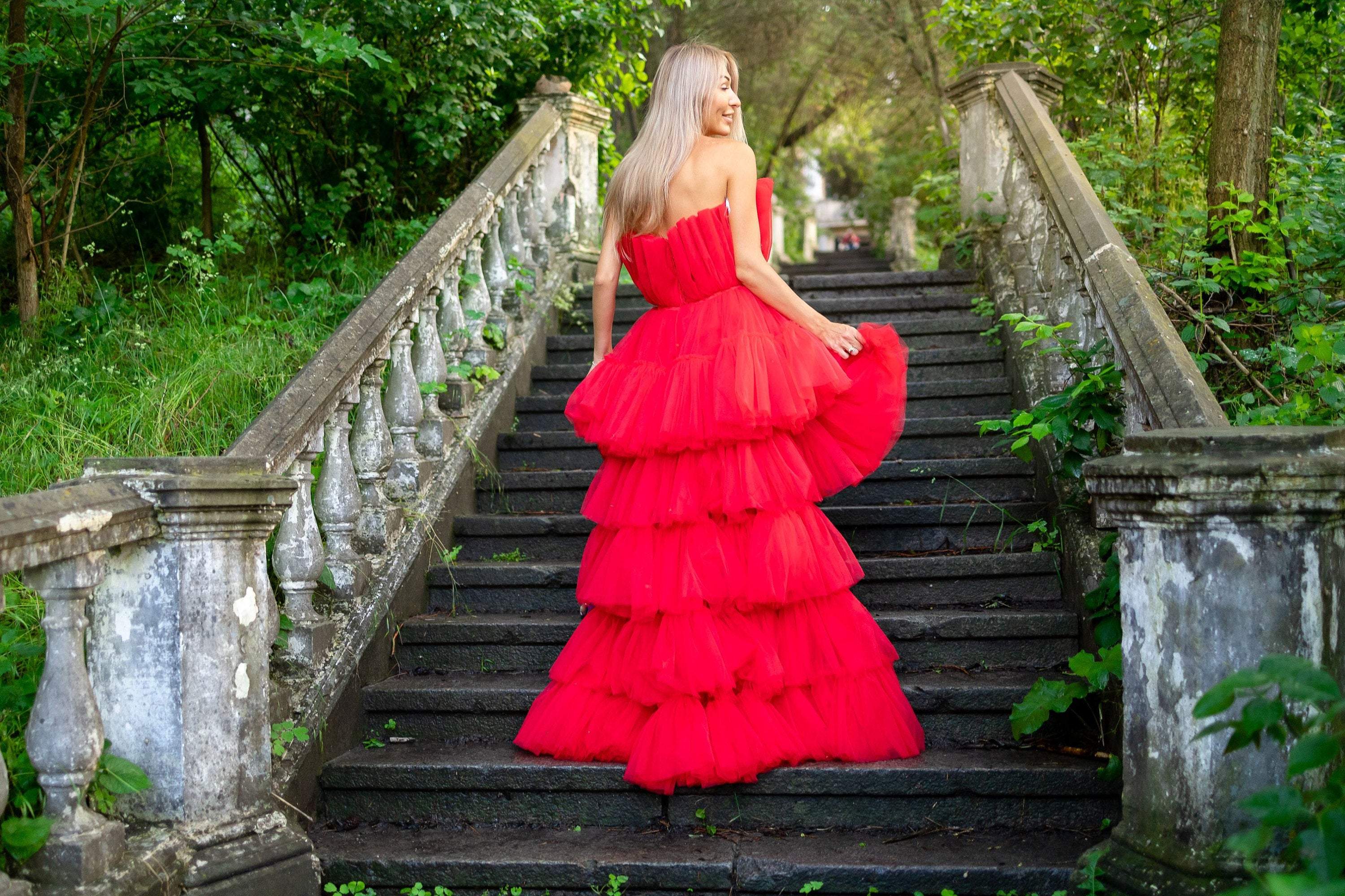 High Low Tutu Tulle Dress, Red Asymmetrical Tiered Dress, Prom Dress,