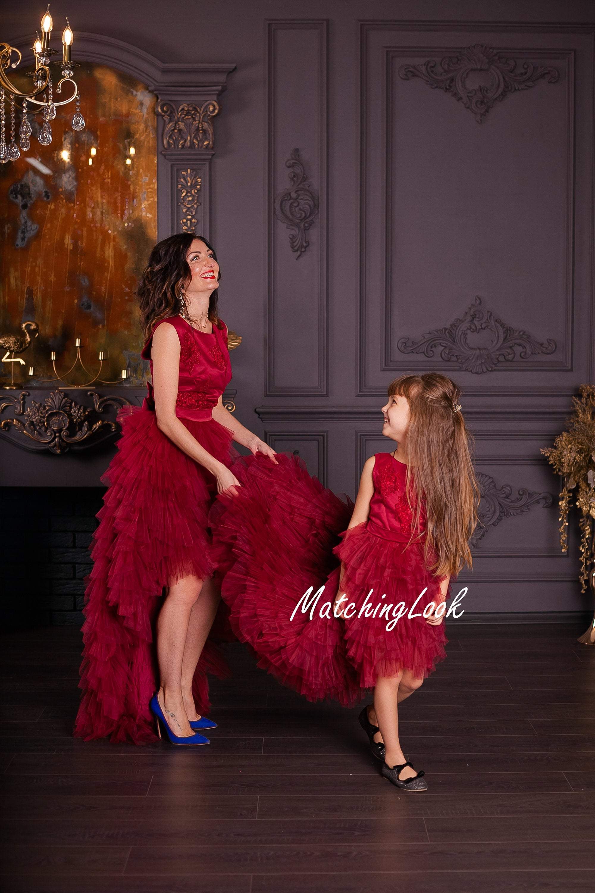 Matchinglook M Size Dark Red Tulle Evening Dress - Christmas Dark Red Photoshoot Dress - Hi Low Ruffle Tulle Dress for Christmas Party 8