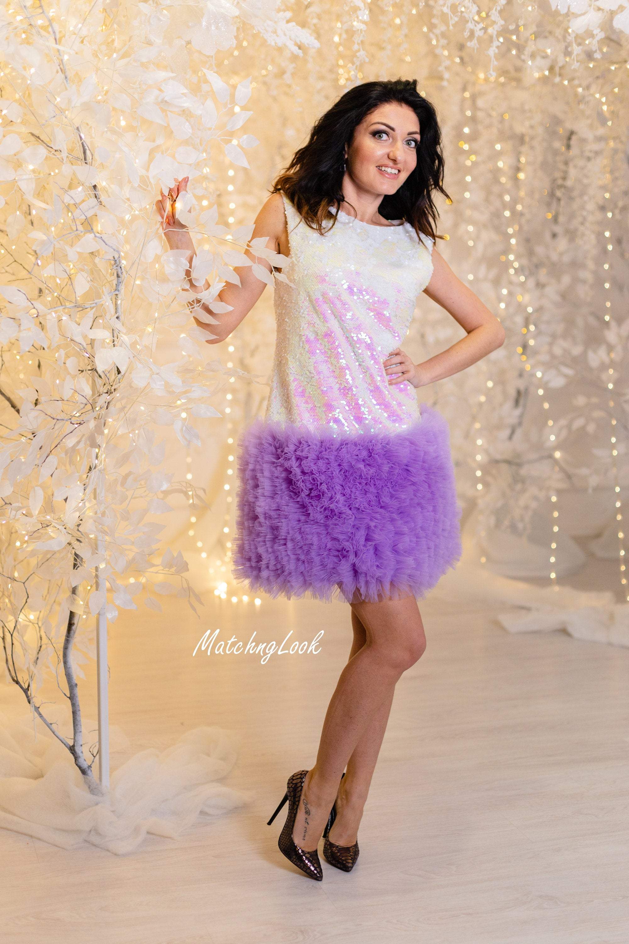Shop Sequin Women Cocktail Dress in Lavender Color - Customizable and Made-To-Order Dresses 6 / Perl/Black Shop Sequin Women Cocktail Dress in Lavender Color - Customizable and Made-To-Order Dresses 6 / Perl/Black