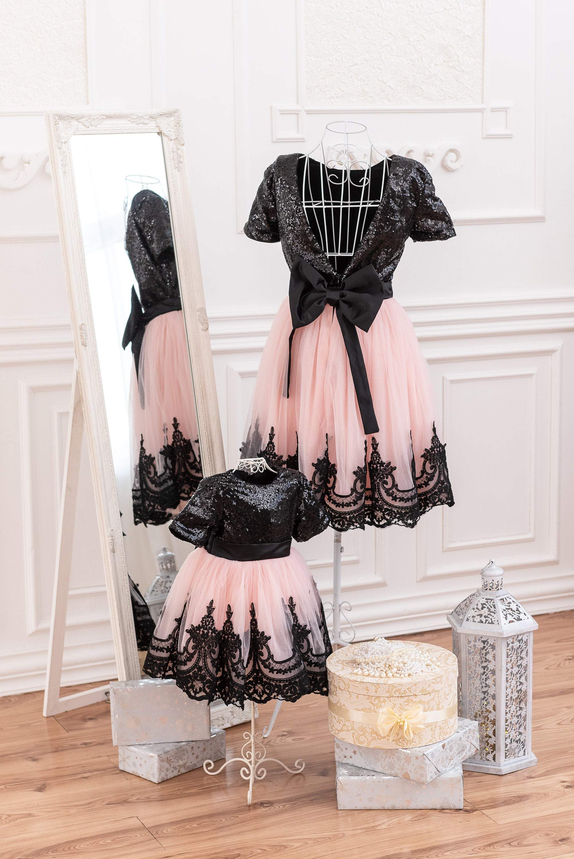 Sparkling sequin matching mommy and me party dresses in Black and blush color 8 / XS Sparkling sequin matching mommy and me party dresses in Black and blush color 8 / XS