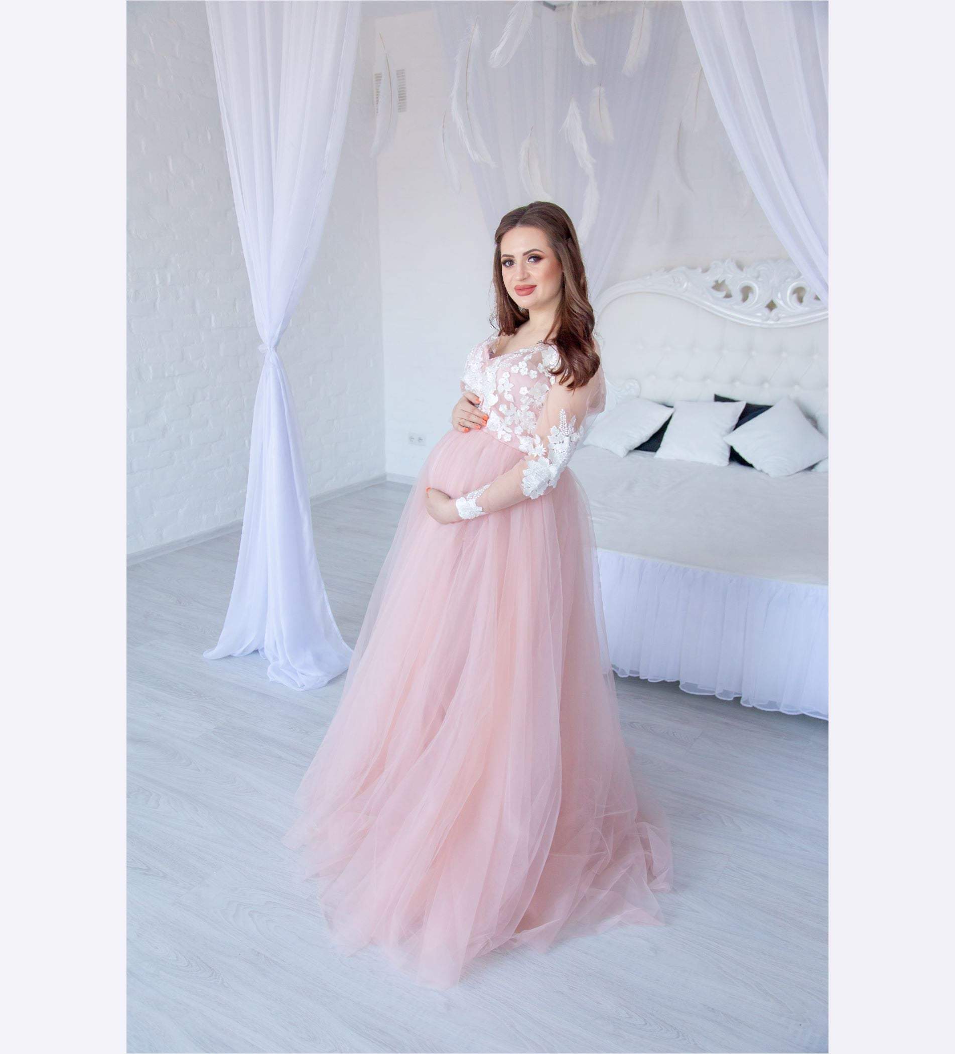Shop Blush Baby Shower Maxi Dress with long sleeves and decorated
