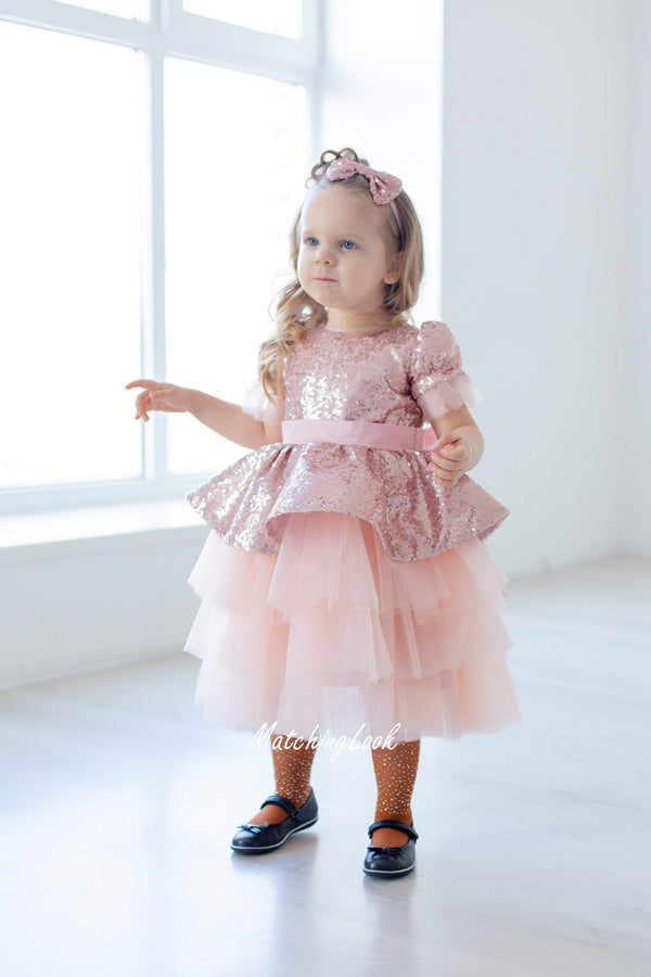 Shop Rose Gold Baby Sequin Dress with tutu skirt