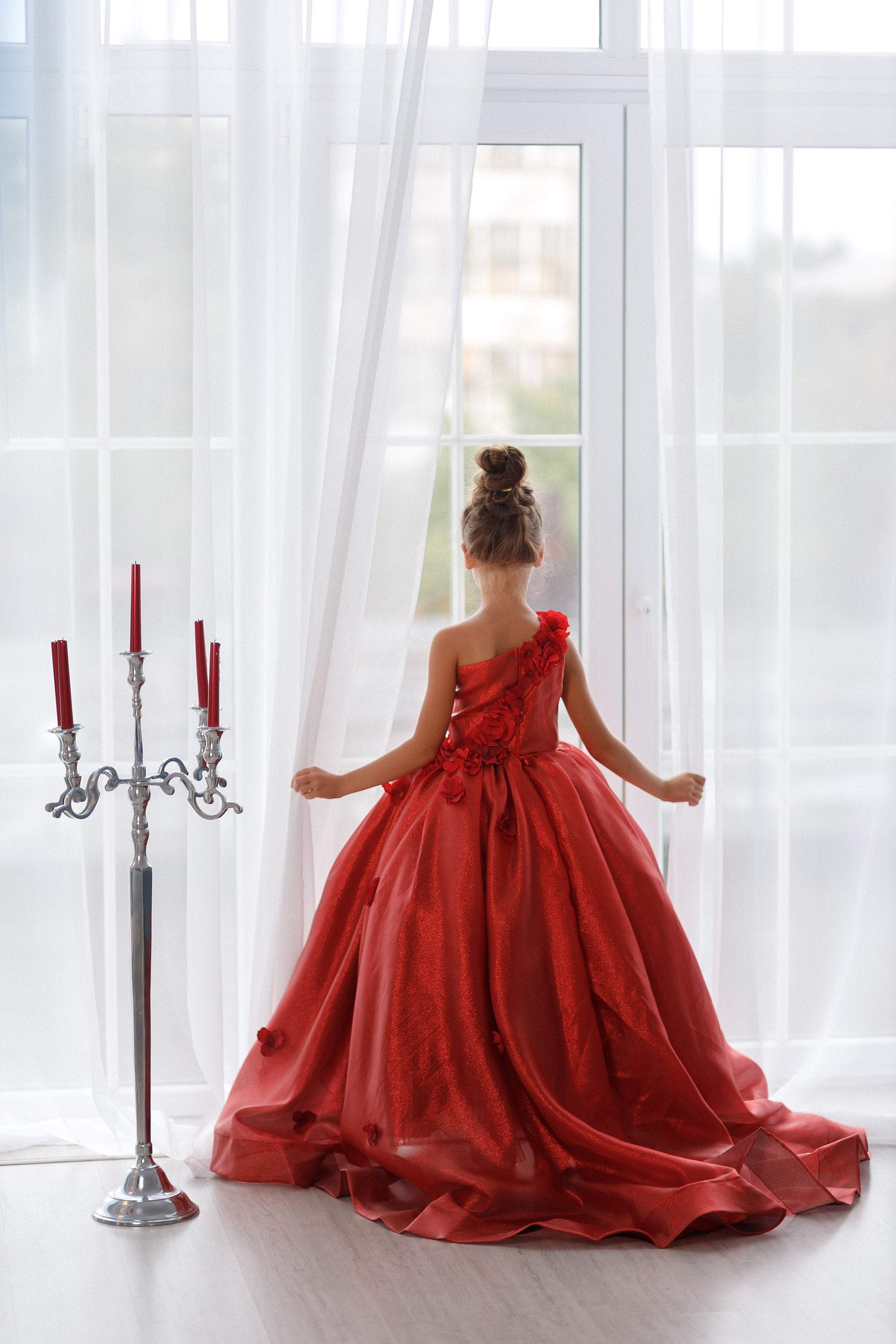 Red Satin, Net And Lace Applique Red Bridal Ball Gown