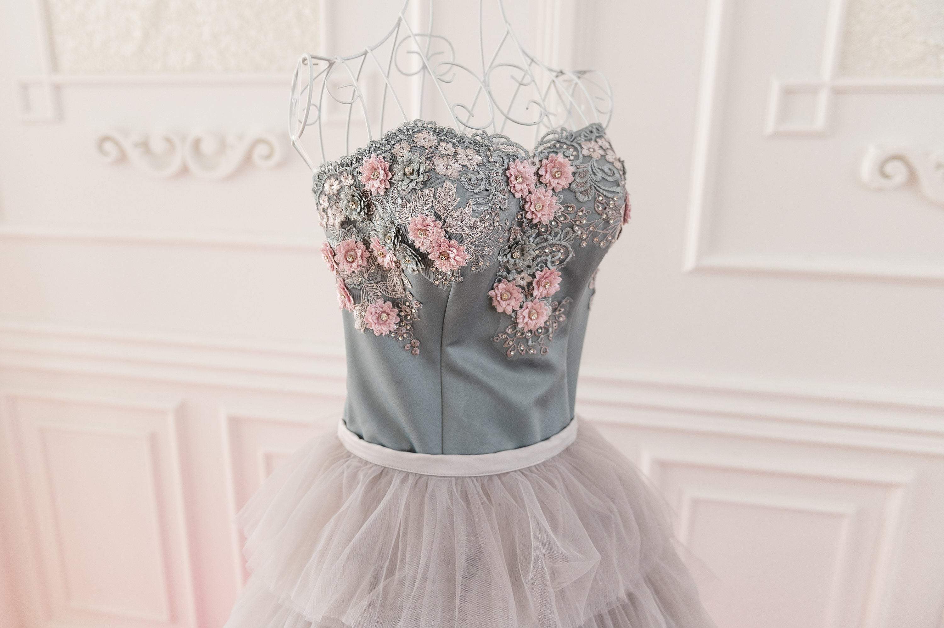 Matchinglook Grey and Pink Wedding Dress, Couture Tulle Photoshoot Dress, Tiered Tulle Gown, Ombre Tulle Dress, Tiered Wedding Dress, Bridal Separates S
