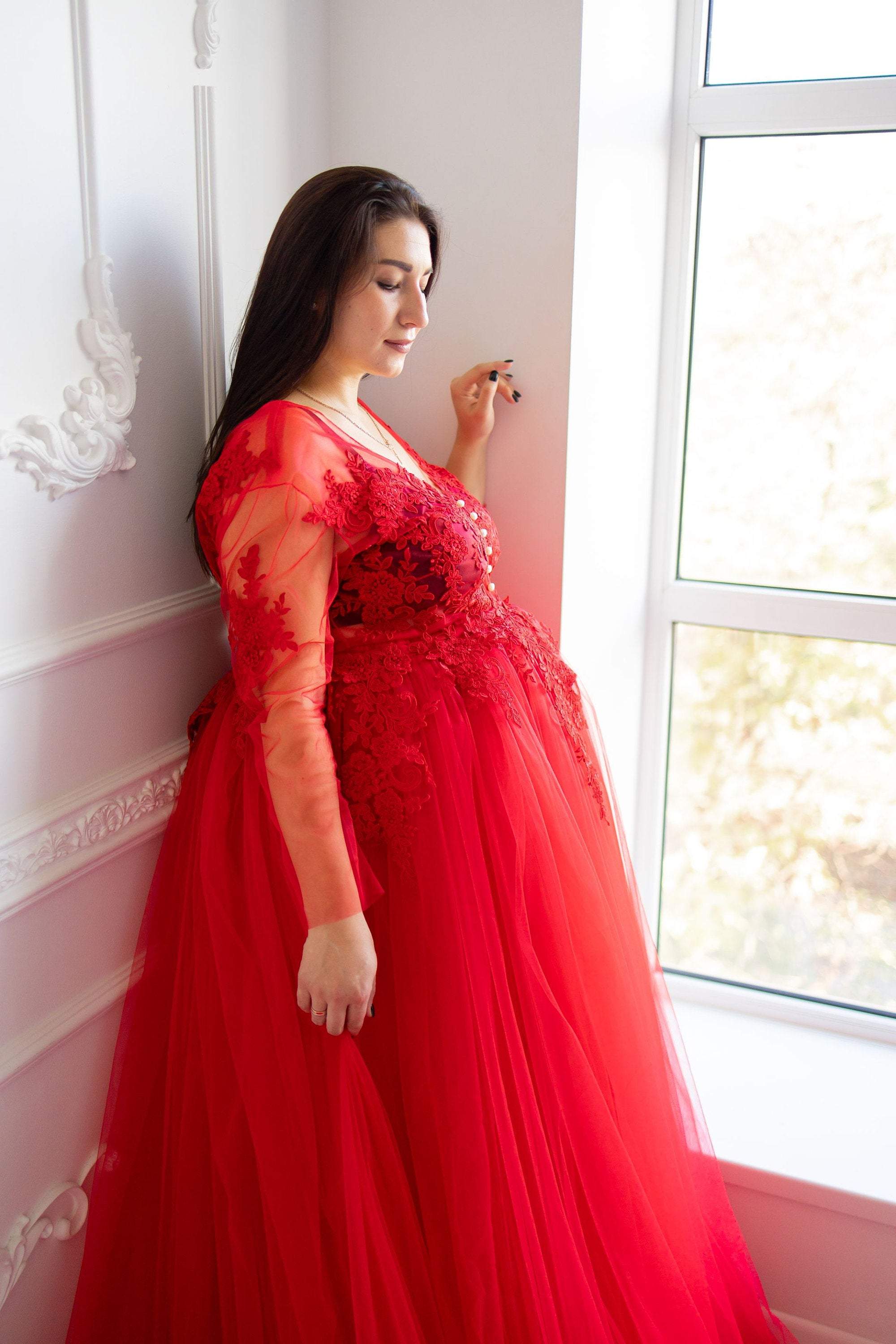 Red Maternity Gown, Red Pregnancy Maternity Photoshoot Dress, T