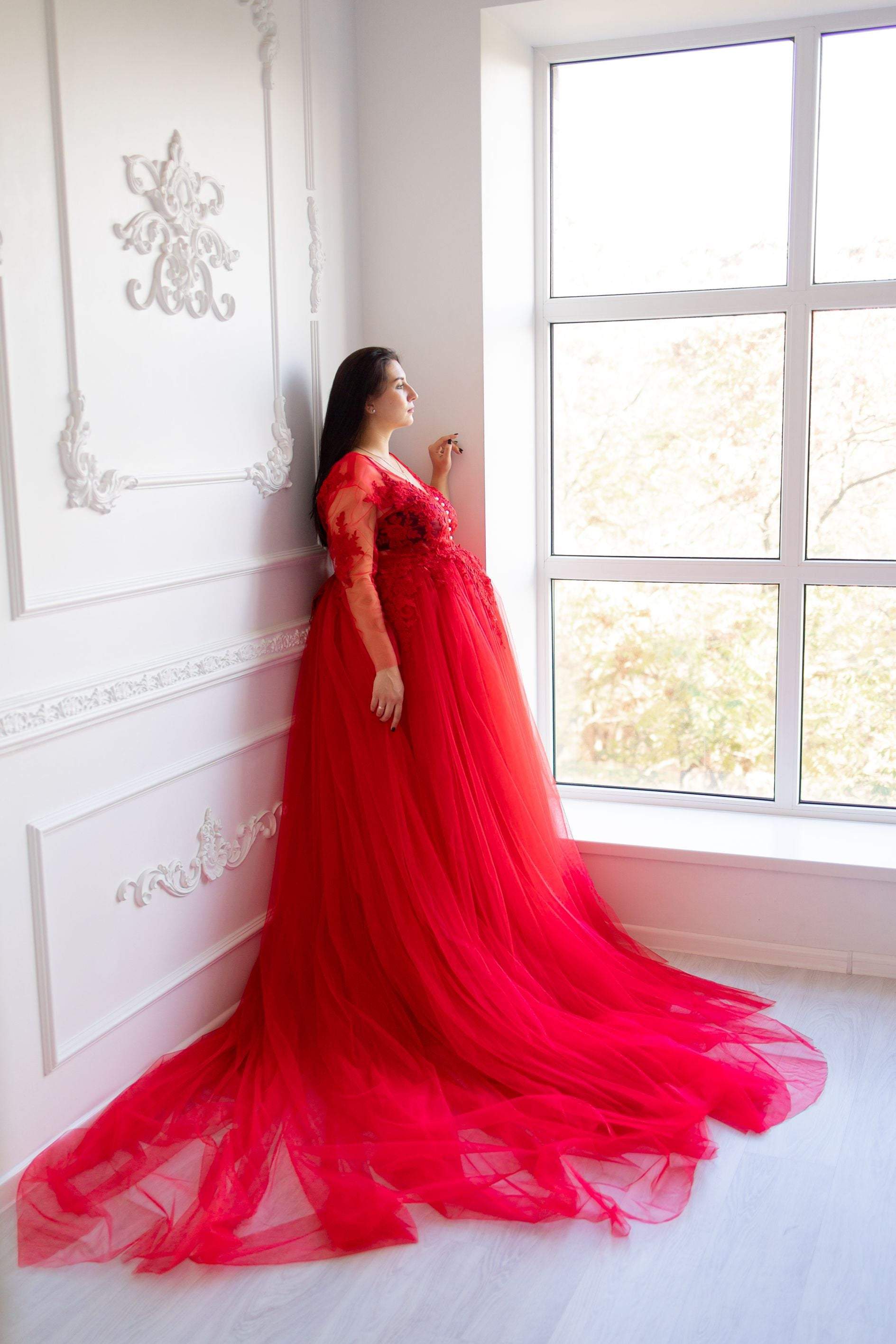 Stunning Bright Red Wedding Dress With Elegant Cape Veil Made to Order, Red  Bridal Gown With Plunge Neck With or Without Matching Veil - Etsy