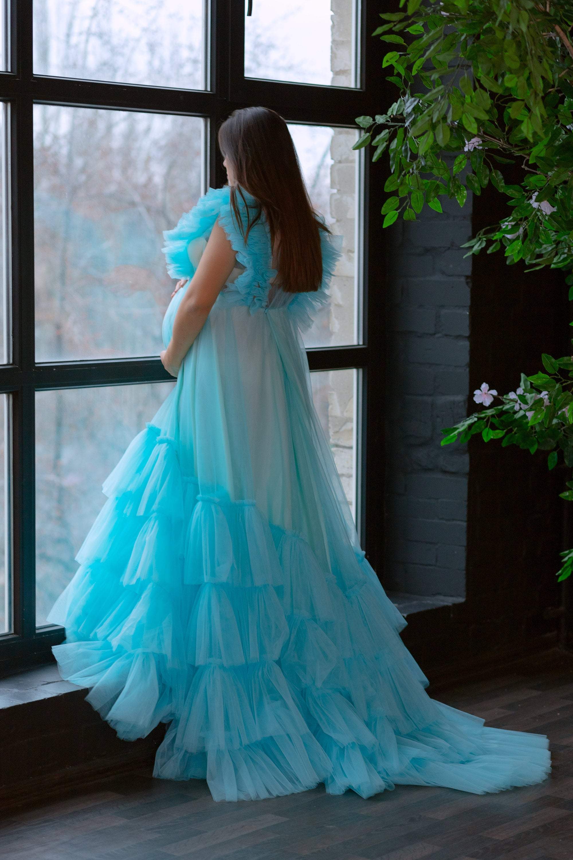 Aqua Blue Tulle Maternity Ruffle Gown for Photoshoot