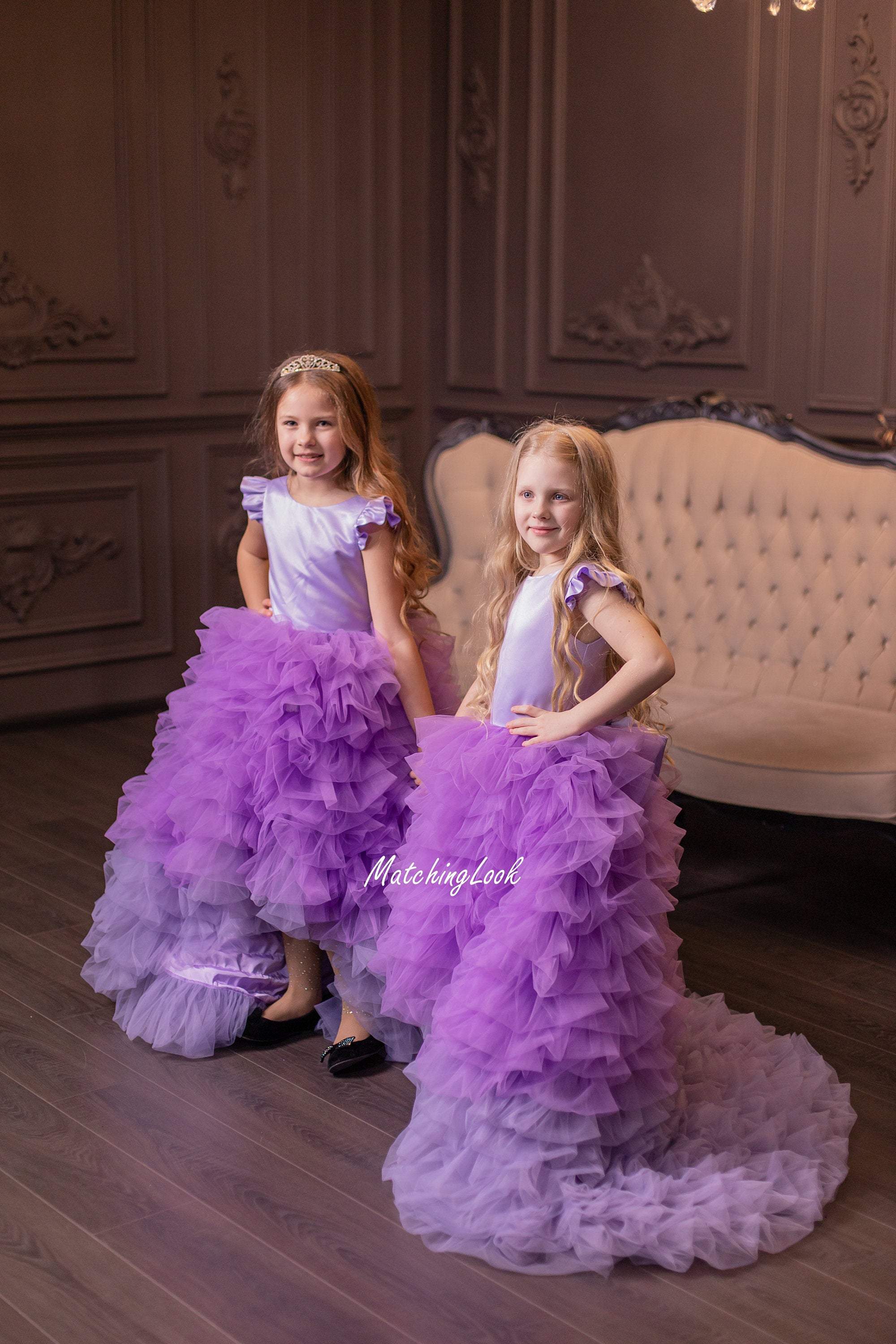 Children's Formal Dresses | Girls Sheer Sleeve Champagne Puffy Dress – Mia  Belle Girls