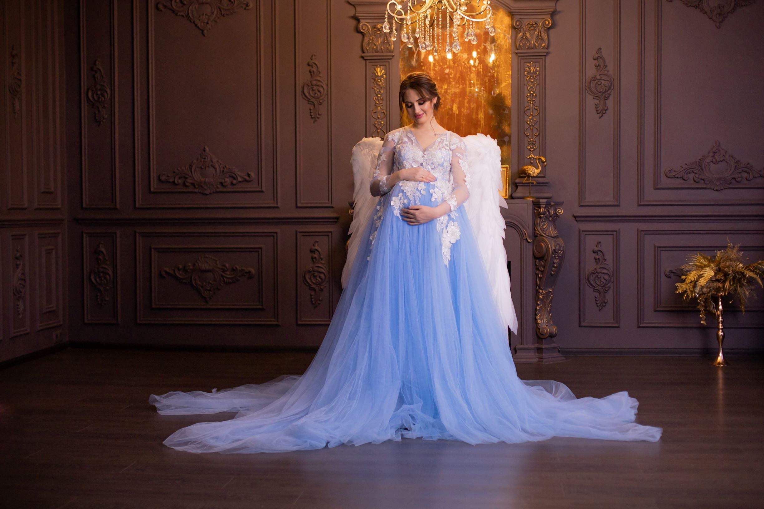 Light Blue Maternity Tulle Dress For Photoshoot, Maternity Gown in bab