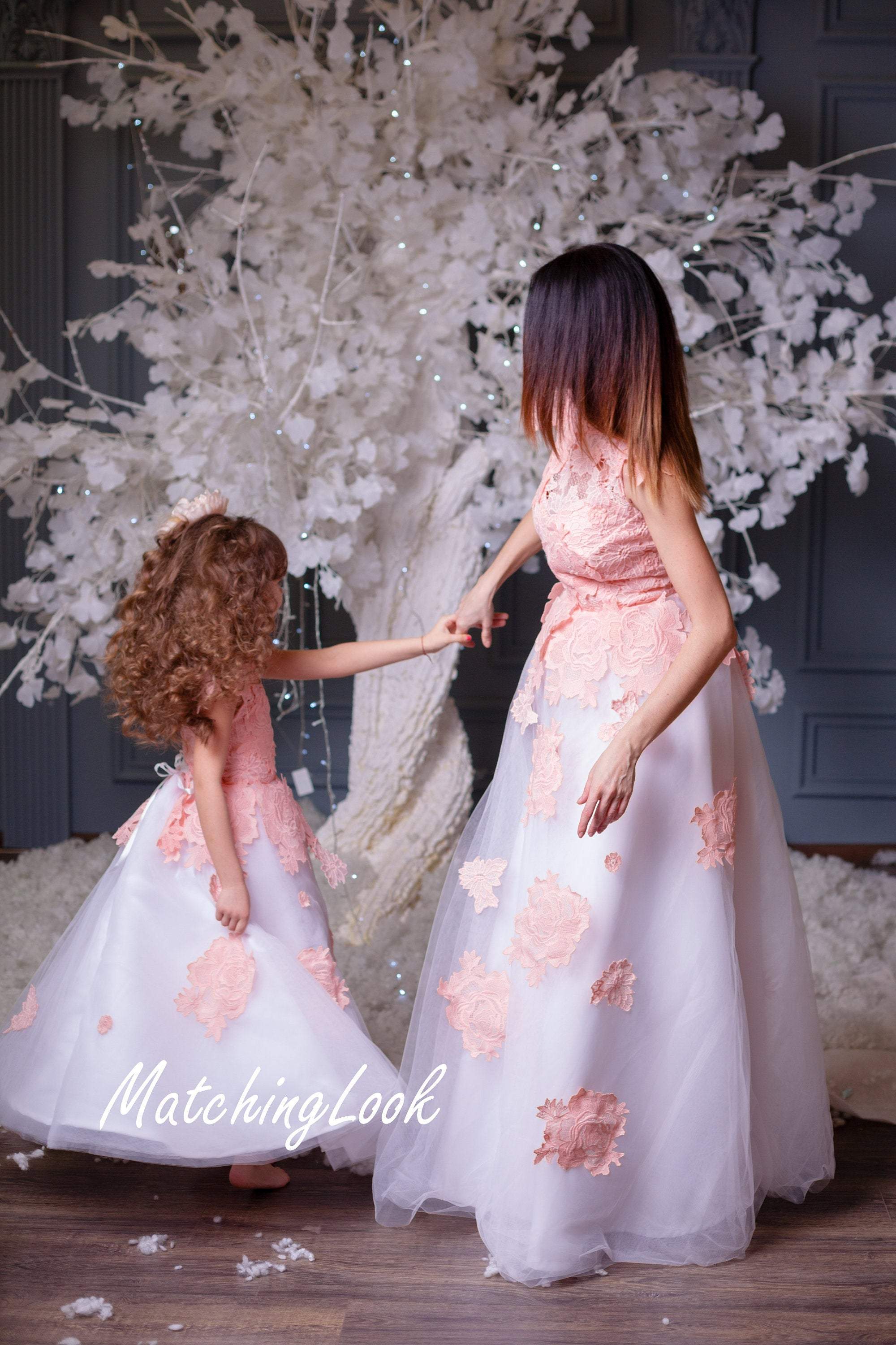 Matching mother daughter wedding fit and flare dresses in white color