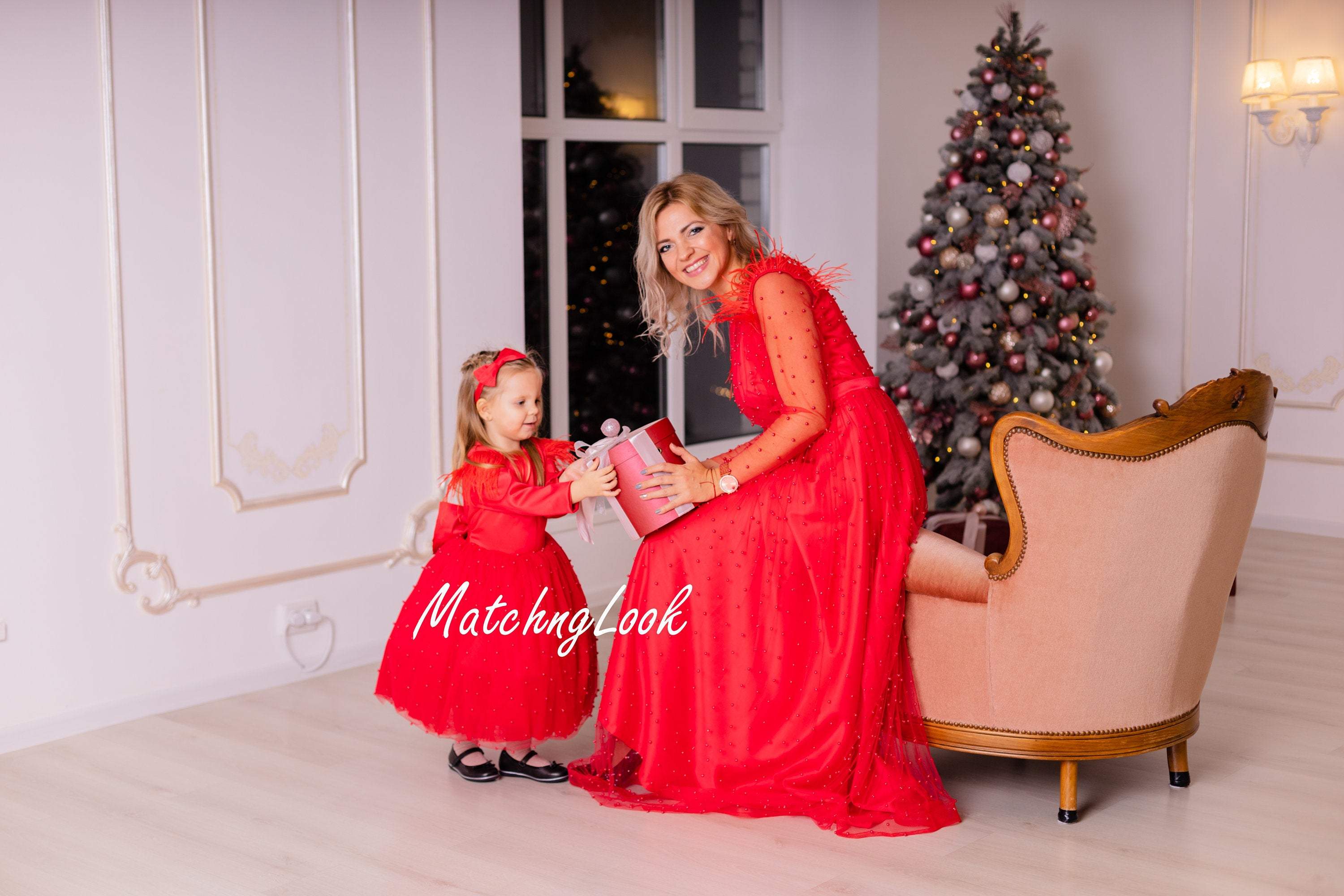 Shop Matching party red dresses with pearls and feathers for mother and daughter - Customizable and Made-to-Order Dresses Shop Matching party red dresses with pearls and feathers for mother and daughter - Customizable and Made-to-Order Dresses