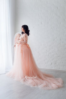 Maternity Dress for photoshoot, Peach Lace Maternity Gown