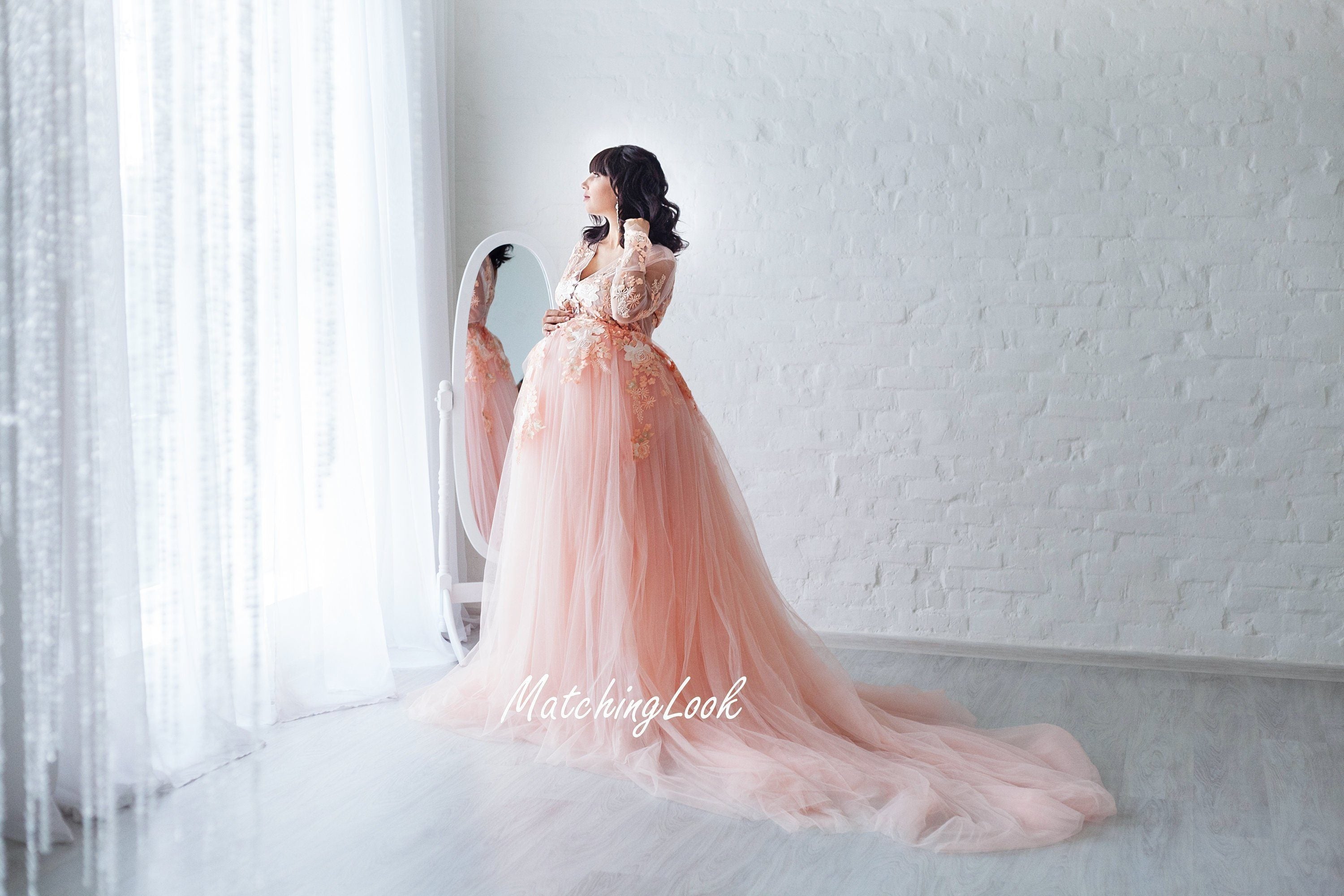 Shop Maternity Dress for photoshoot, Peach Lace Maternity Gown - Customizable and Made-to-Order Dresses XS / Cherry Shop Maternity Dress for photoshoot, Peach Lace Maternity Gown - Customizable and Made-to-Order Dresses XS / Cherry
