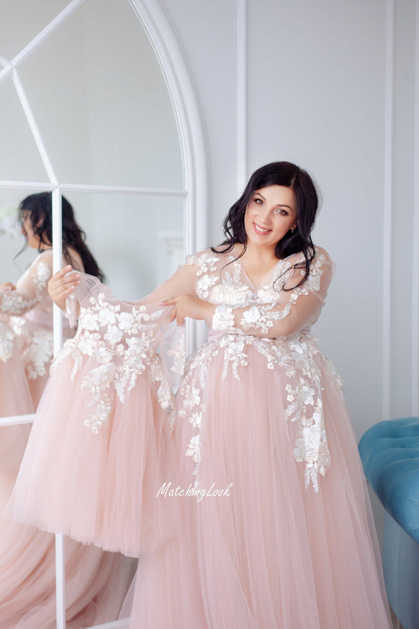 Shop Maternity Dress Pink Blush Long Lace Dress