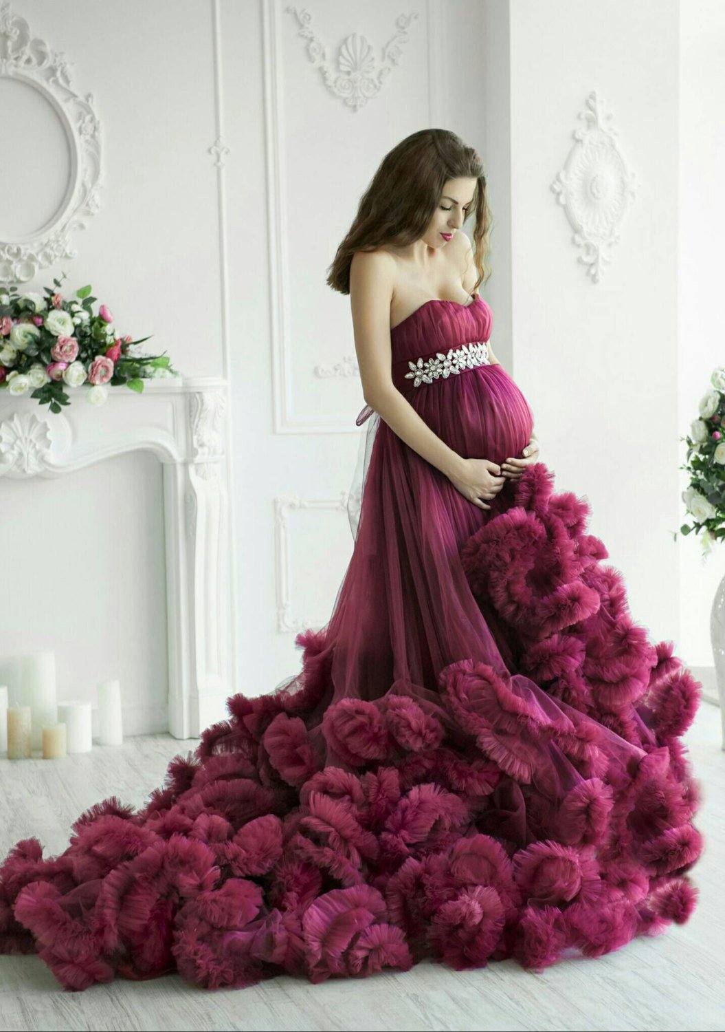 Shop Maternity ruffled tulle dress photoshoot Pregnancy purple