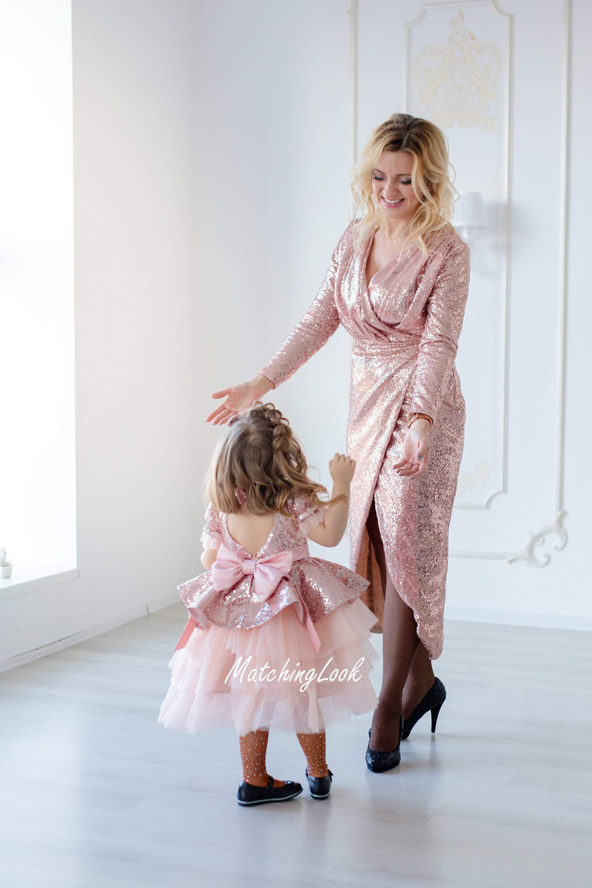 Coral Pink Tiered Ruffles Ball Mother Daughter Gown – HER SHOP | Live  beautiful, Live free