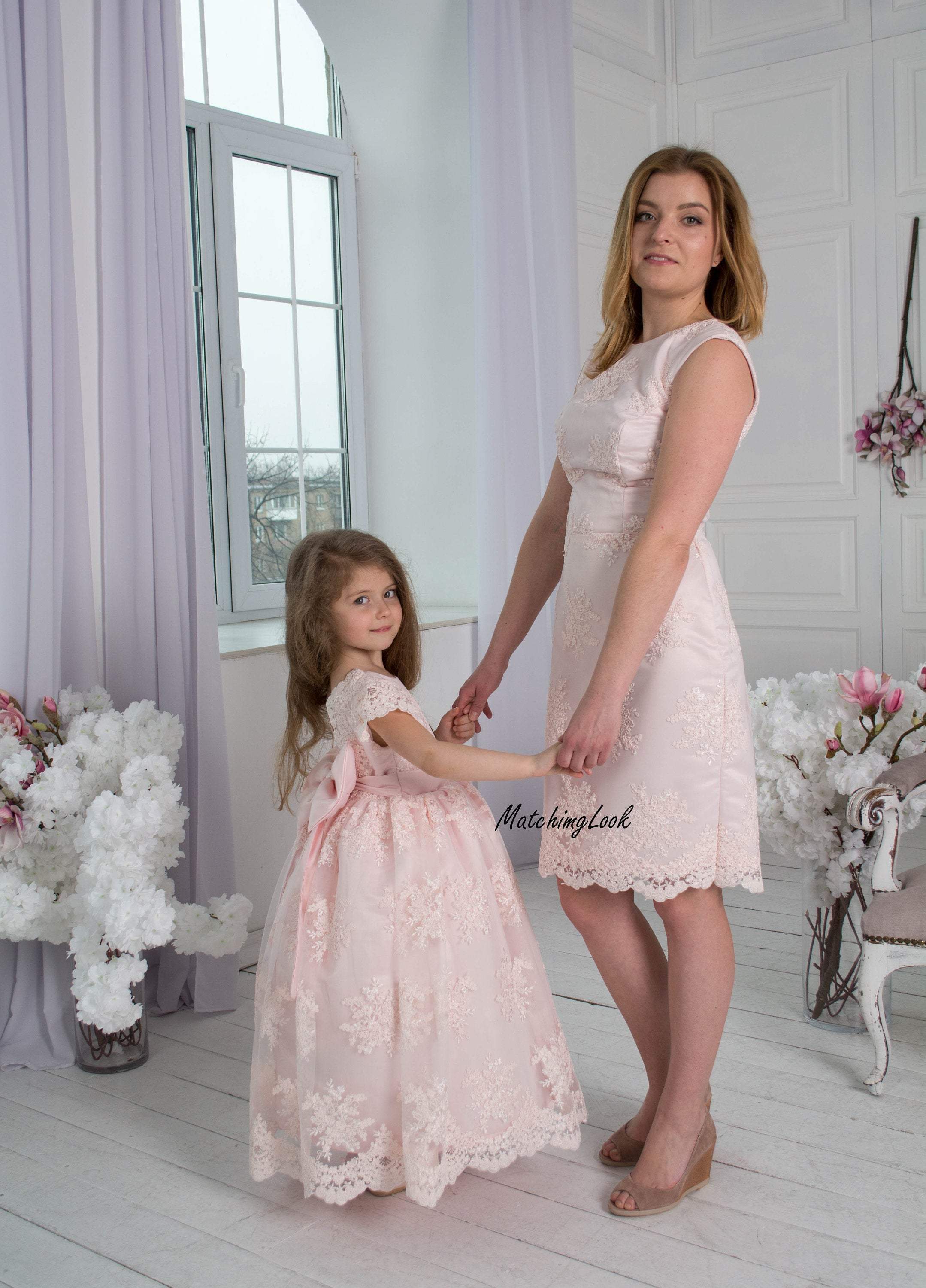 Blush Mother Daughter Matching Lace Dresses for Birthday Party, Weddin Blush Mother Daughter Matching Lace Dresses for Birthday Party, Weddin