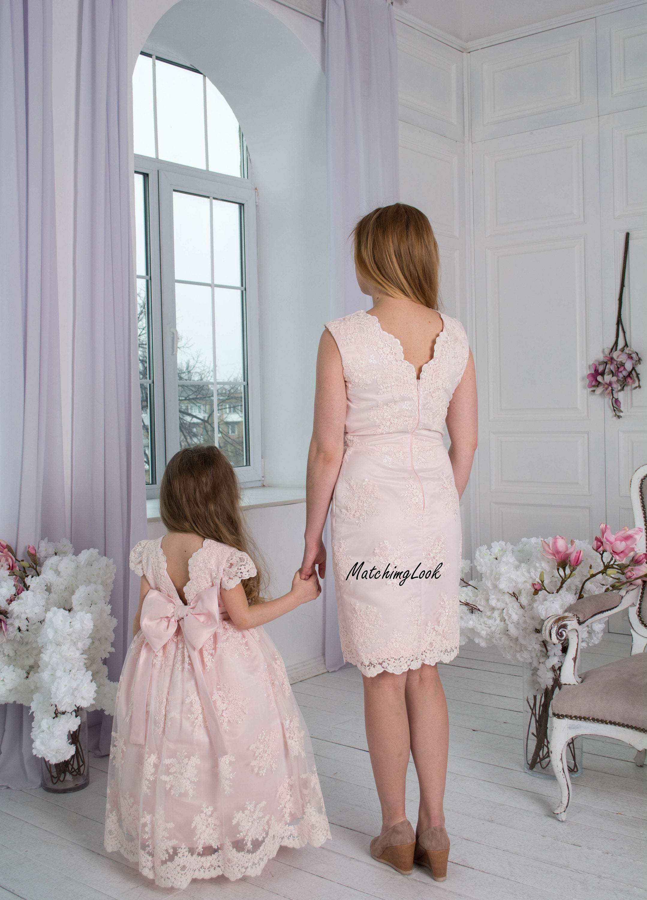 Blush Mother Daughter Matching Lace Dresses for Birthday Party, Weddin